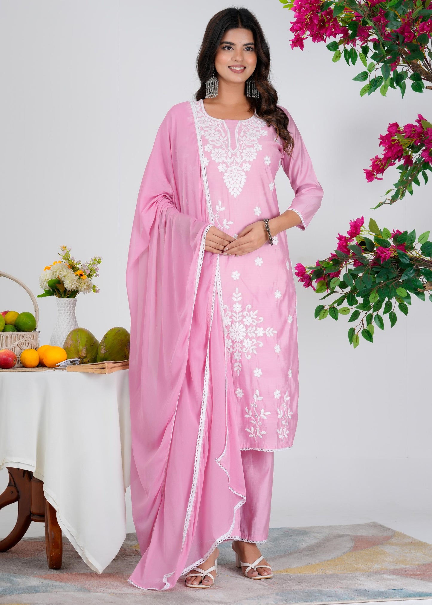 Cotton Embroidered Straight Pink Kurta Set With Dupatta