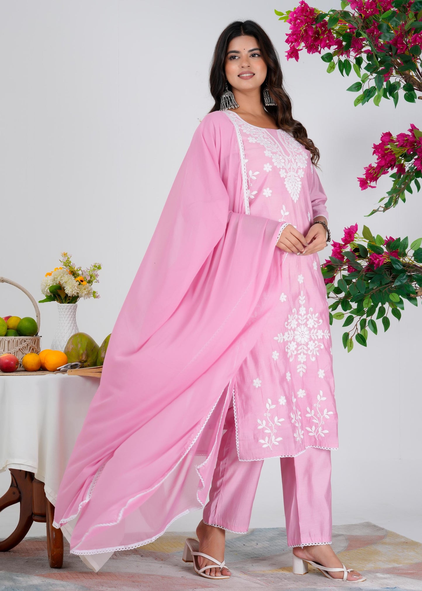 Cotton Embroidered Straight Pink Kurta Set With Dupatta