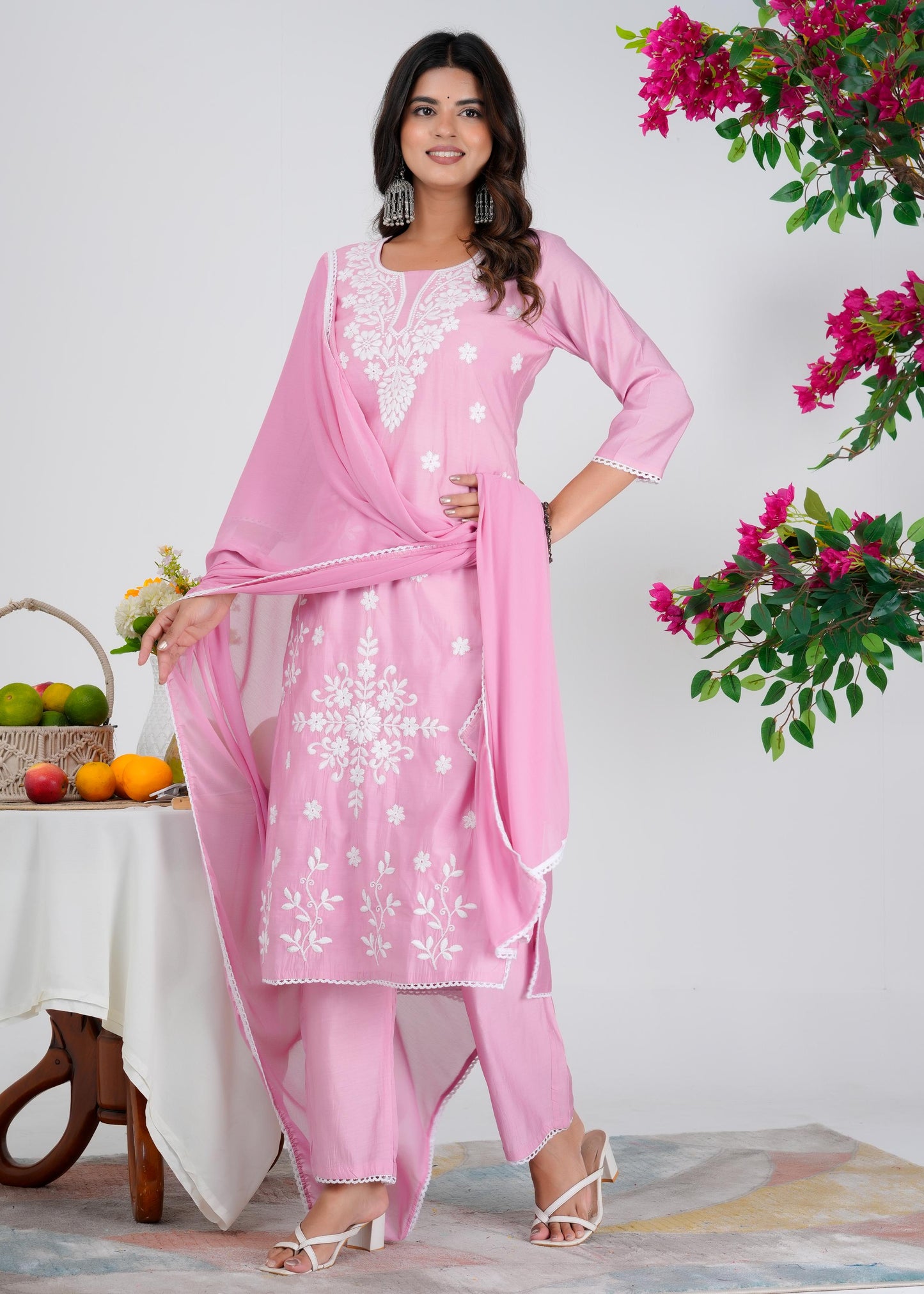 Cotton Embroidered Straight Pink Kurta Set With Dupatta