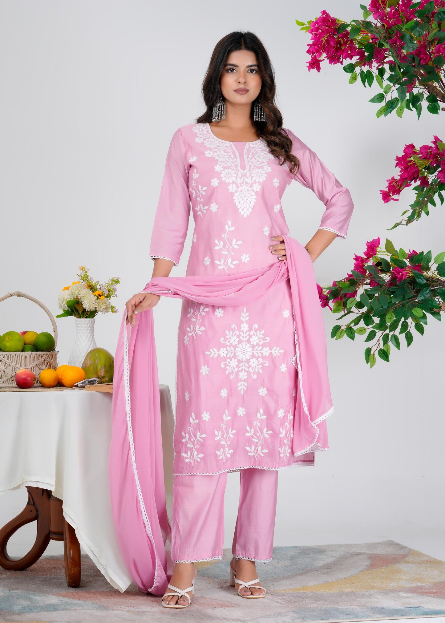 Cotton Embroidered Straight Pink Kurta Set With Dupatta