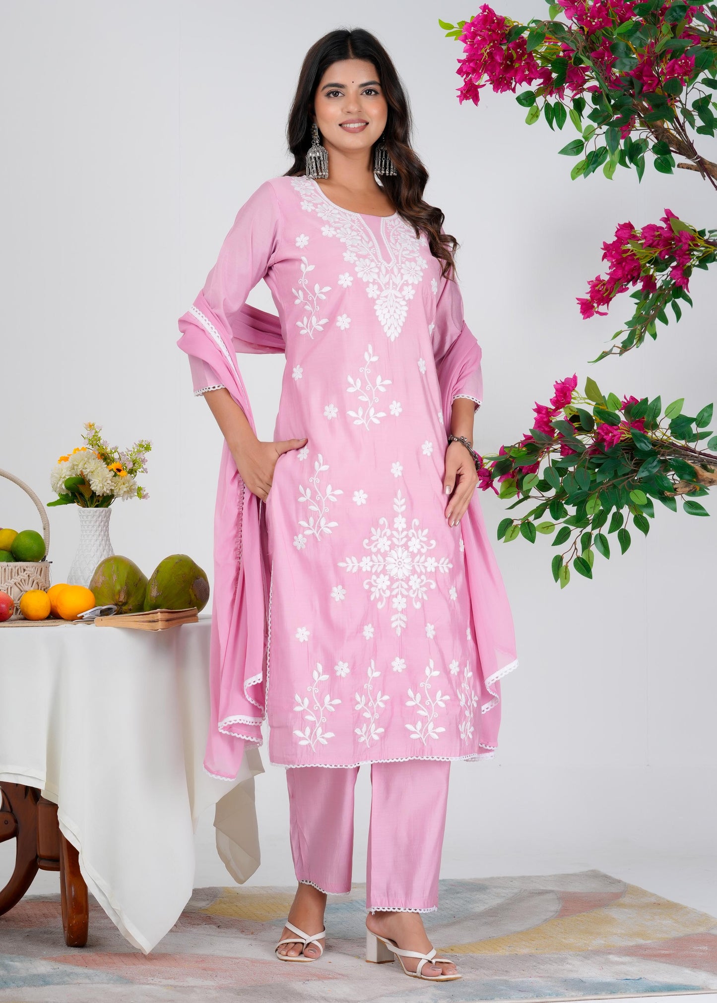Cotton Embroidered Straight Pink Kurta Set With Dupatta