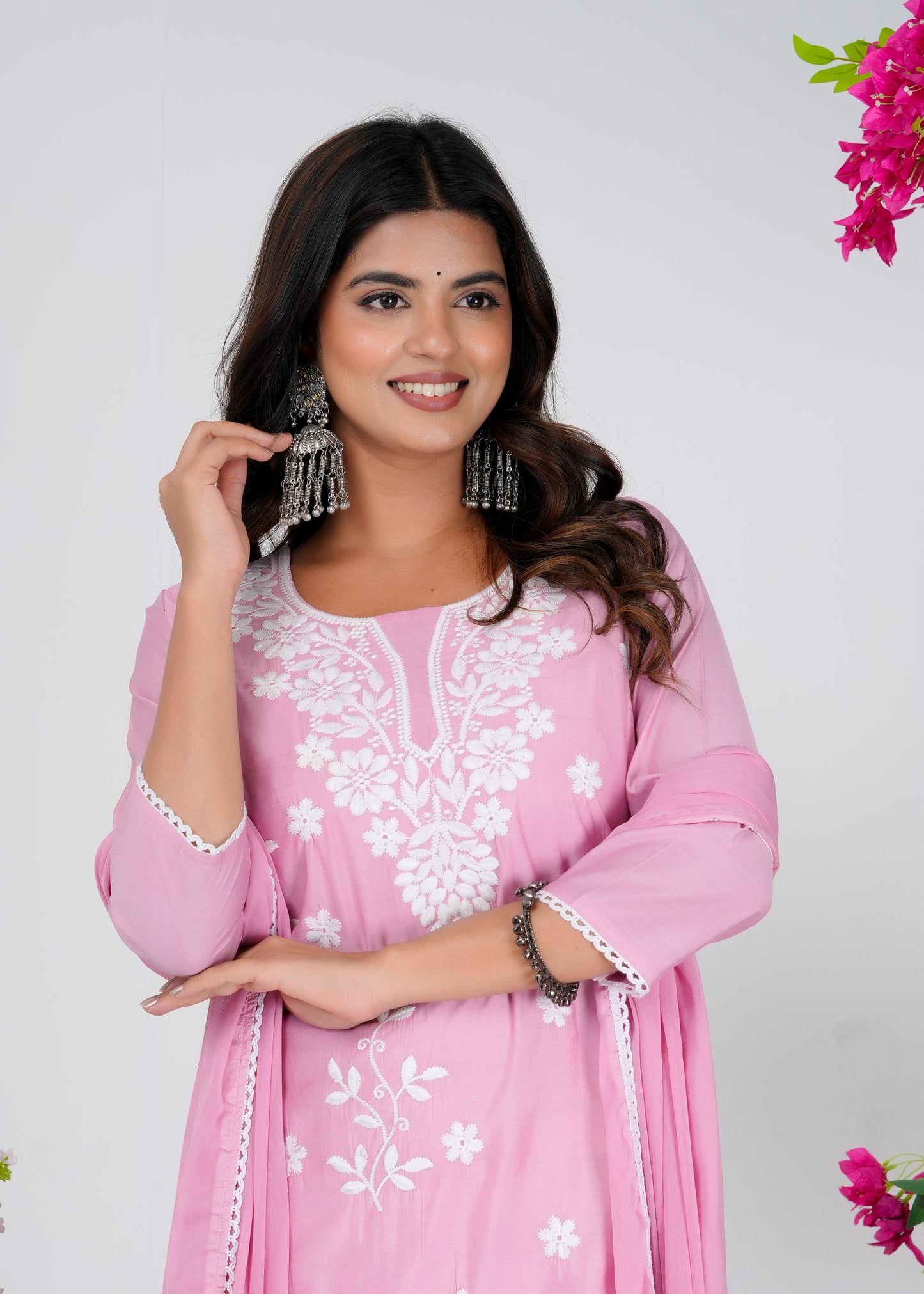 Cotton Embroidered Straight Pink Kurta Set With Dupatta