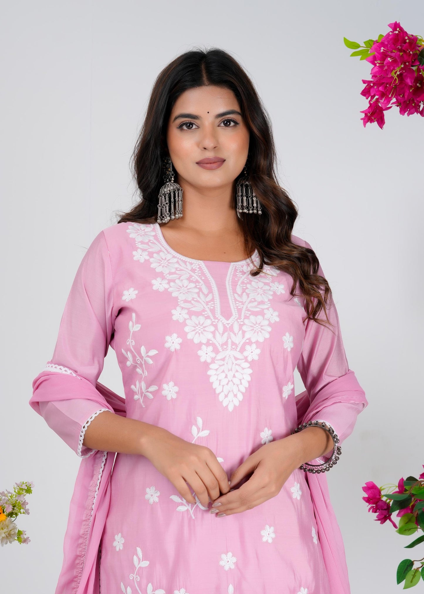 Cotton Embroidered Straight Pink Kurta Set With Dupatta