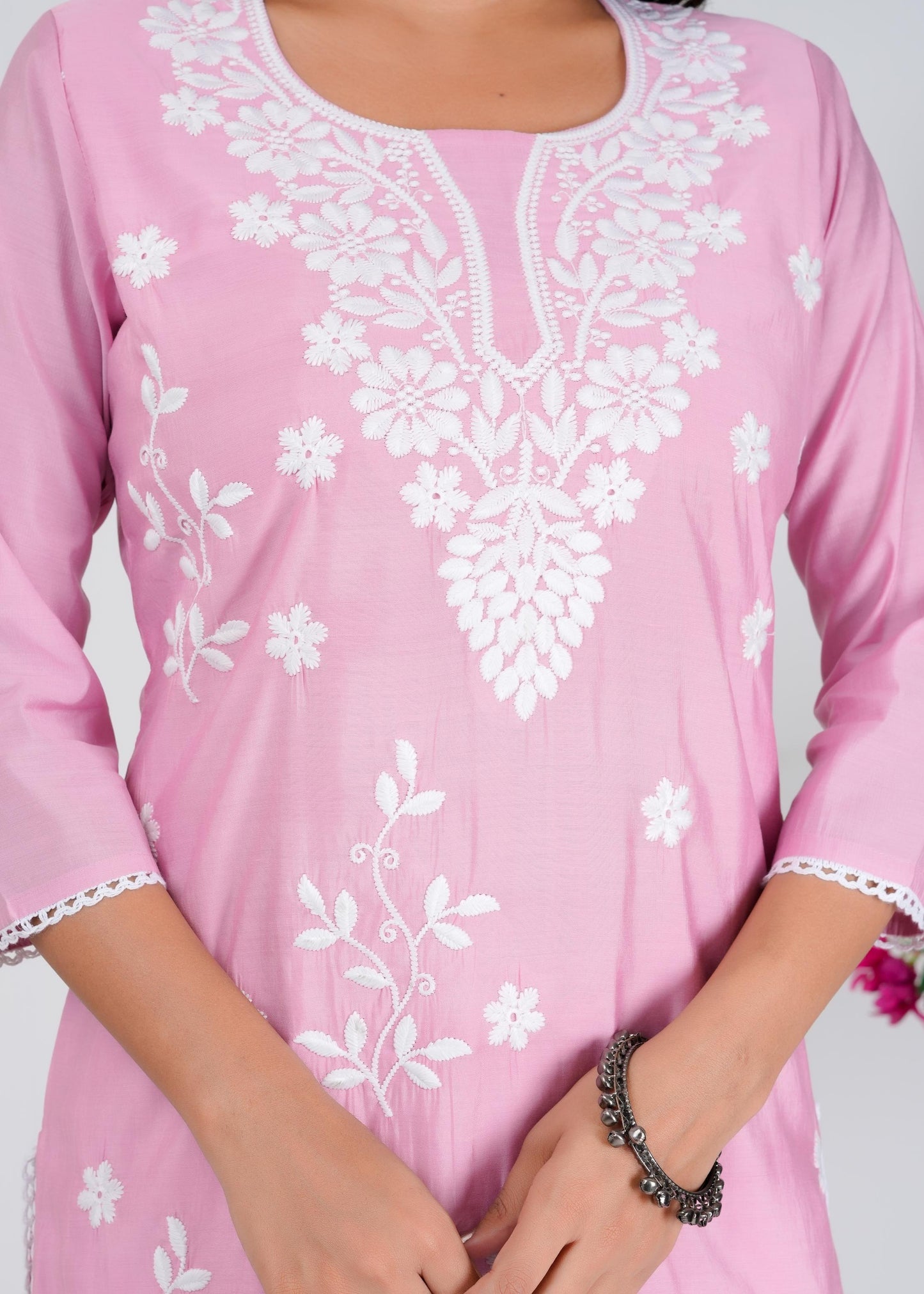 Cotton Embroidered Straight Pink Kurta Set With Dupatta