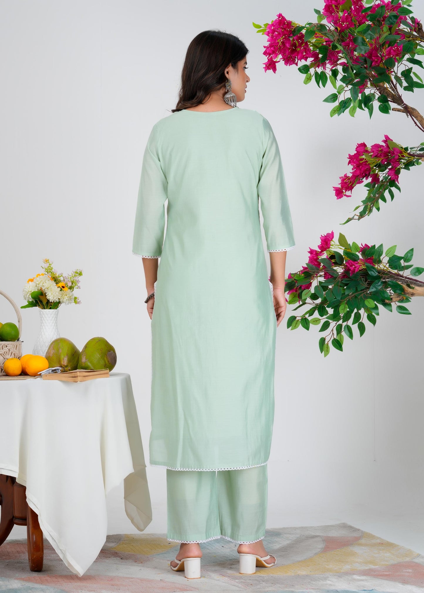 Cotton Embroidered Straight Green Kurta Set With Dupatta