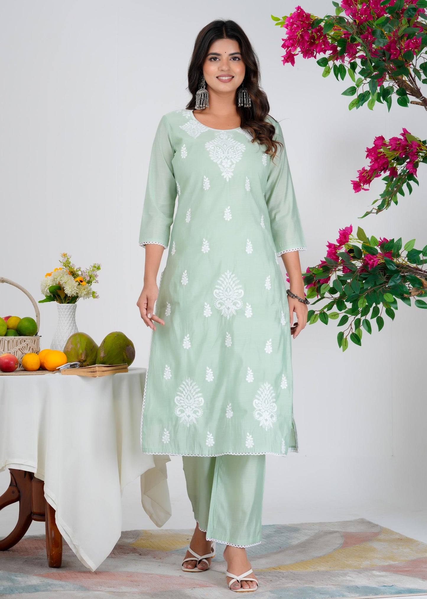 Cotton Embroidered Straight Green Kurta Set With Dupatta