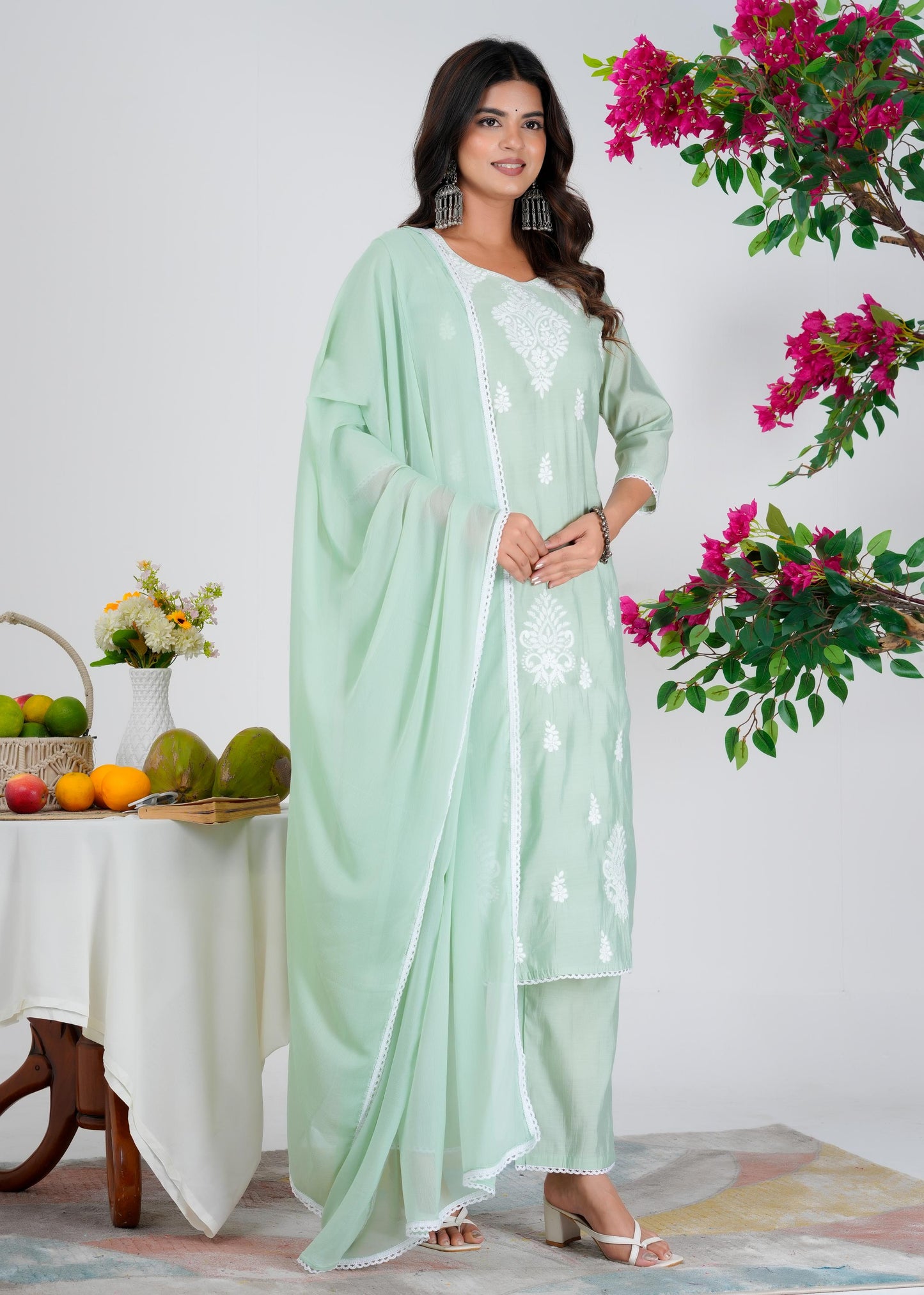 Cotton Embroidered Straight Green Kurta Set With Dupatta