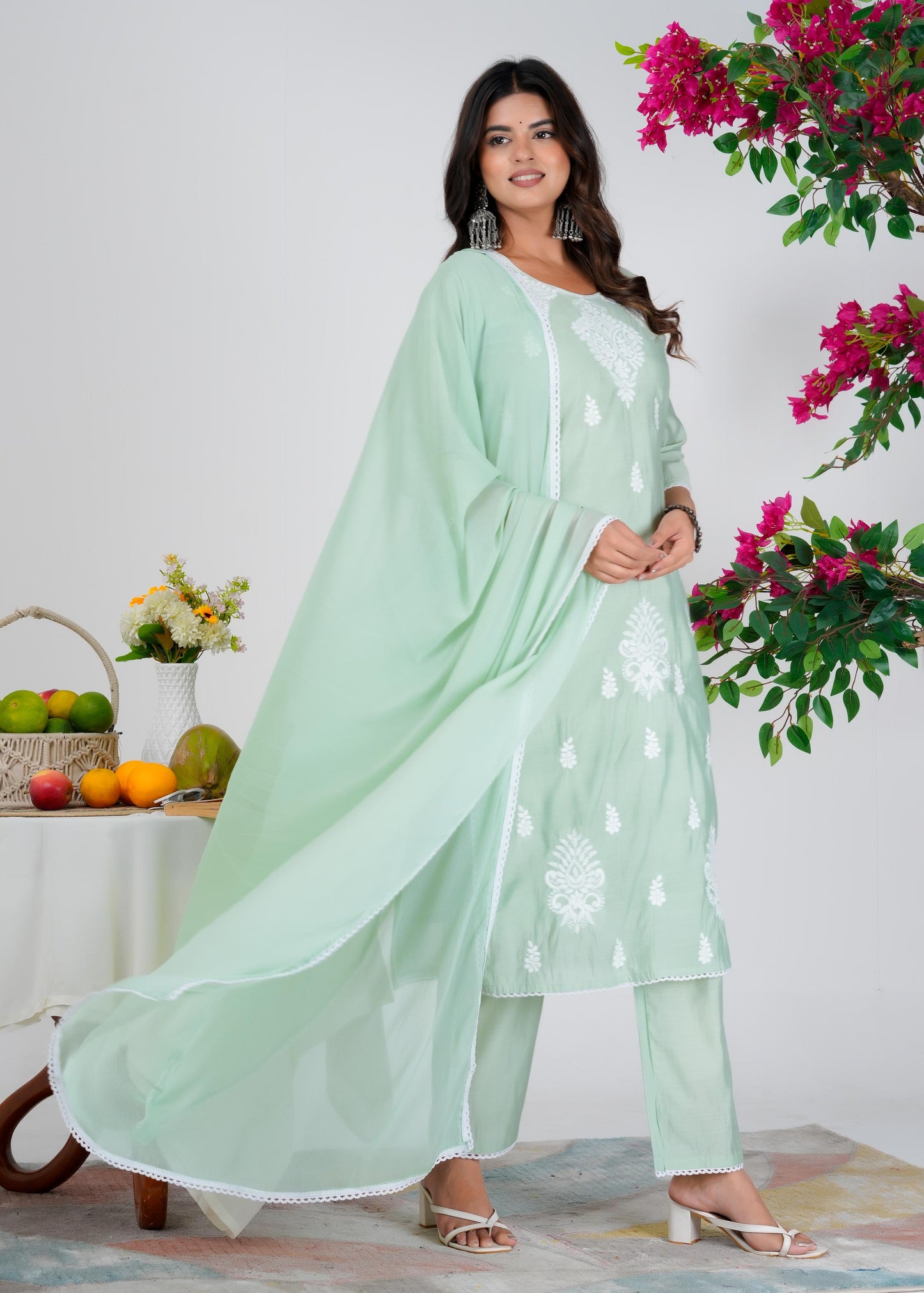 Cotton Embroidered Straight Green Kurta Set With Dupatta