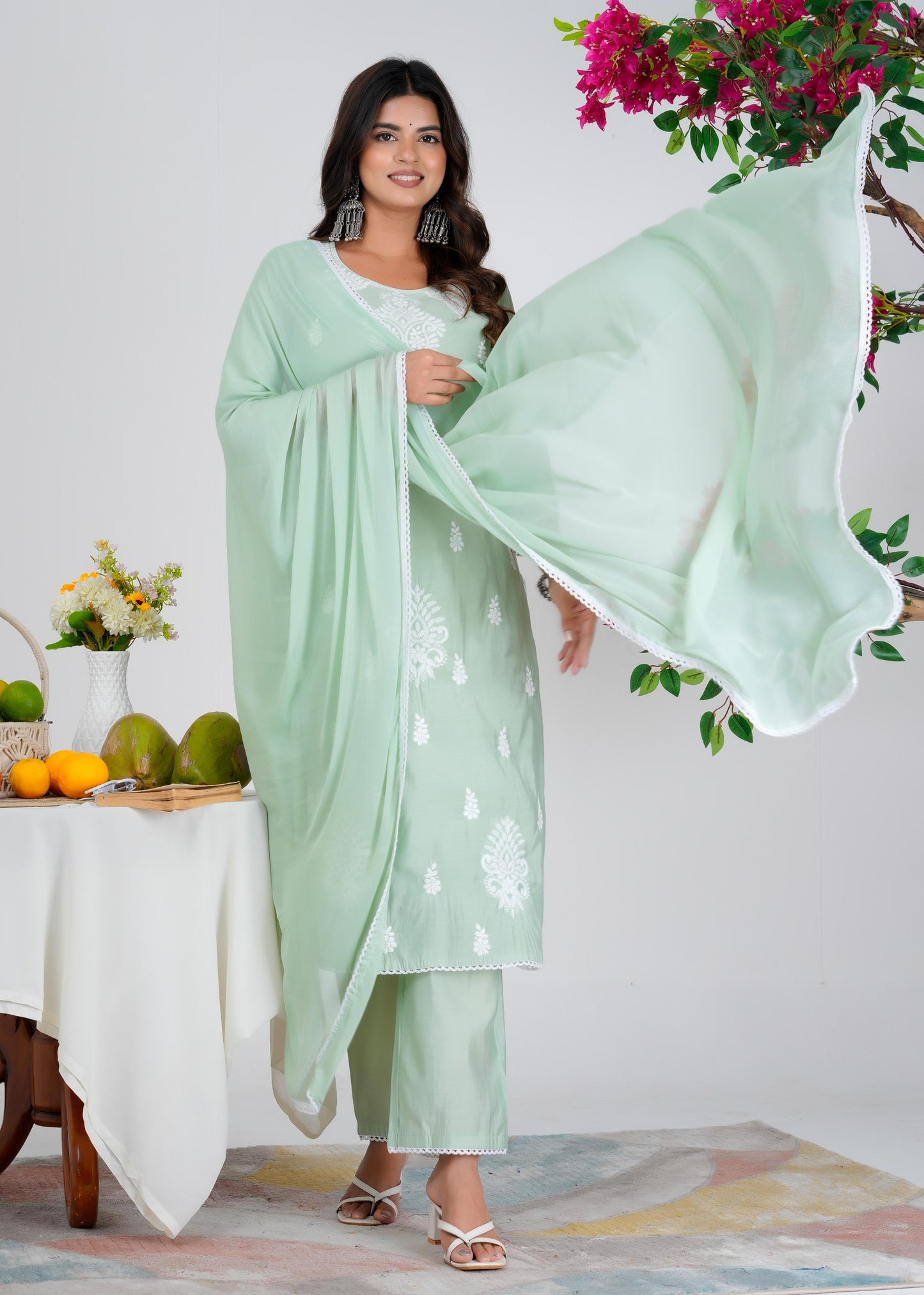 Cotton Embroidered Straight Green Kurta Set With Dupatta