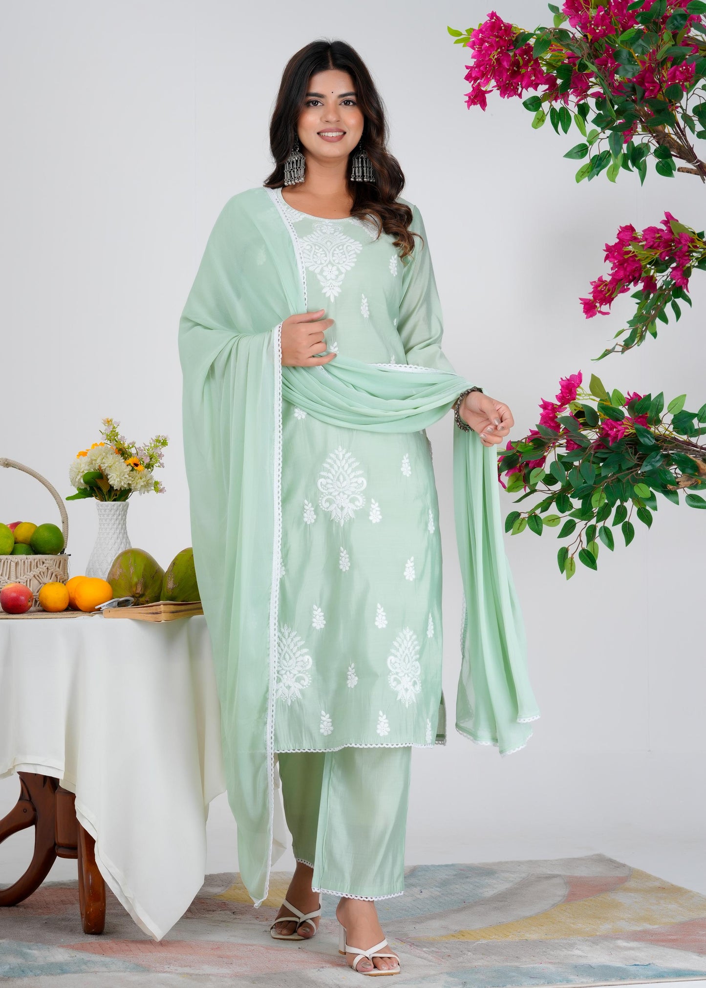 Cotton Embroidered Straight Green Kurta Set With Dupatta