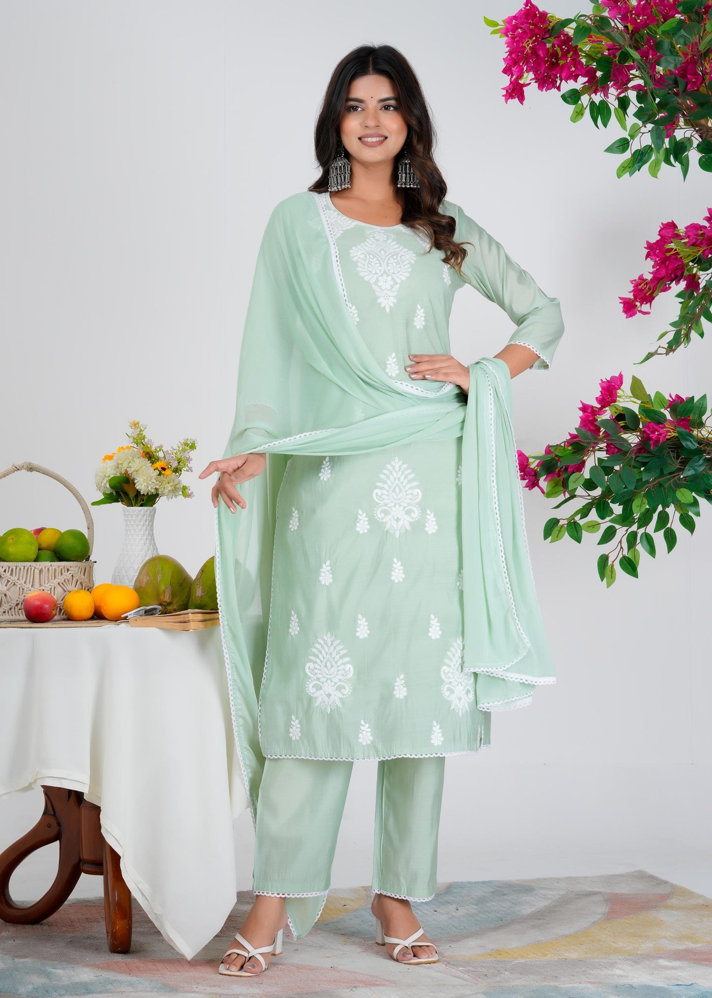 Cotton Embroidered Straight Green Kurta Set With Dupatta