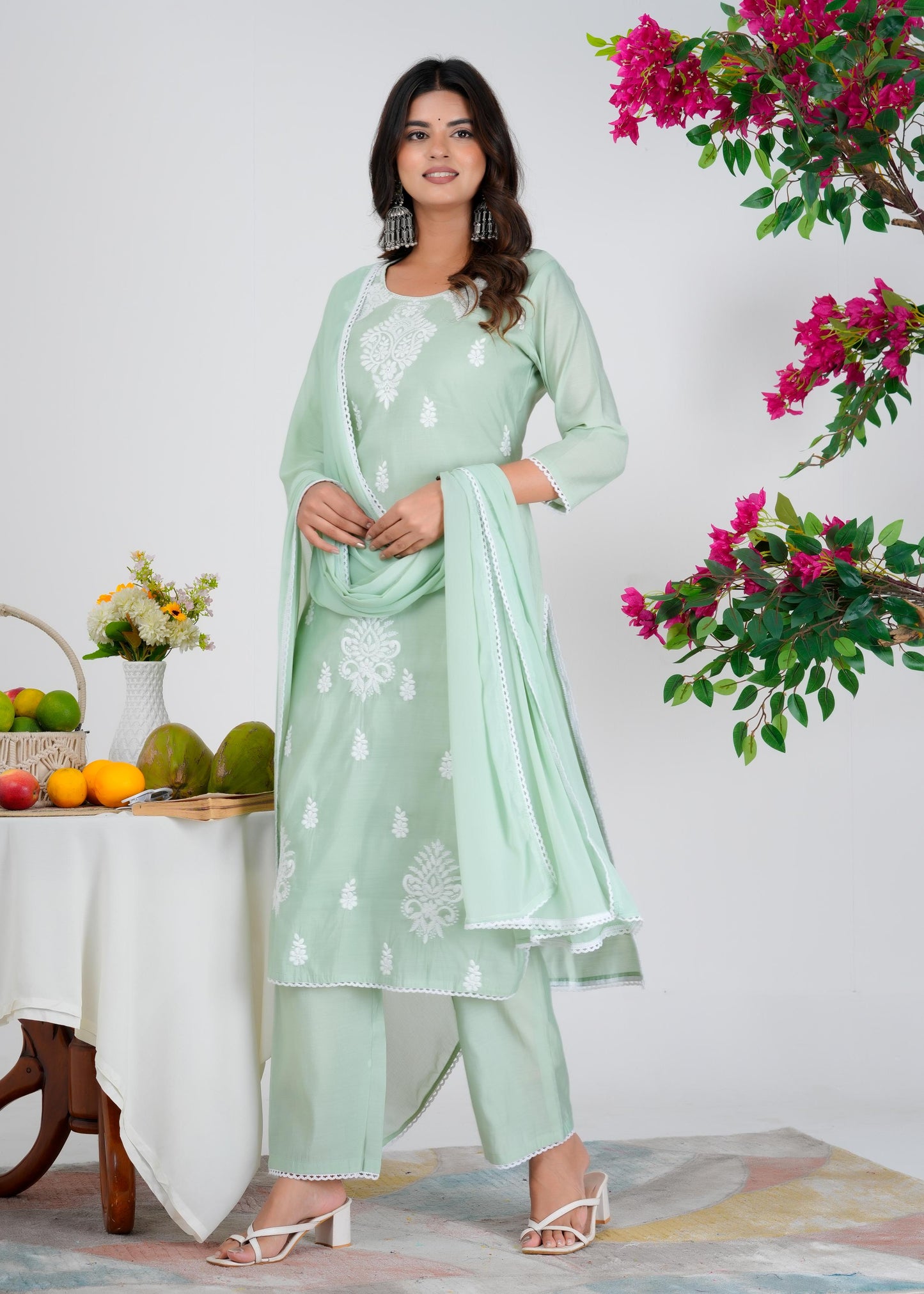 Cotton Embroidered Straight Green Kurta Set With Dupatta