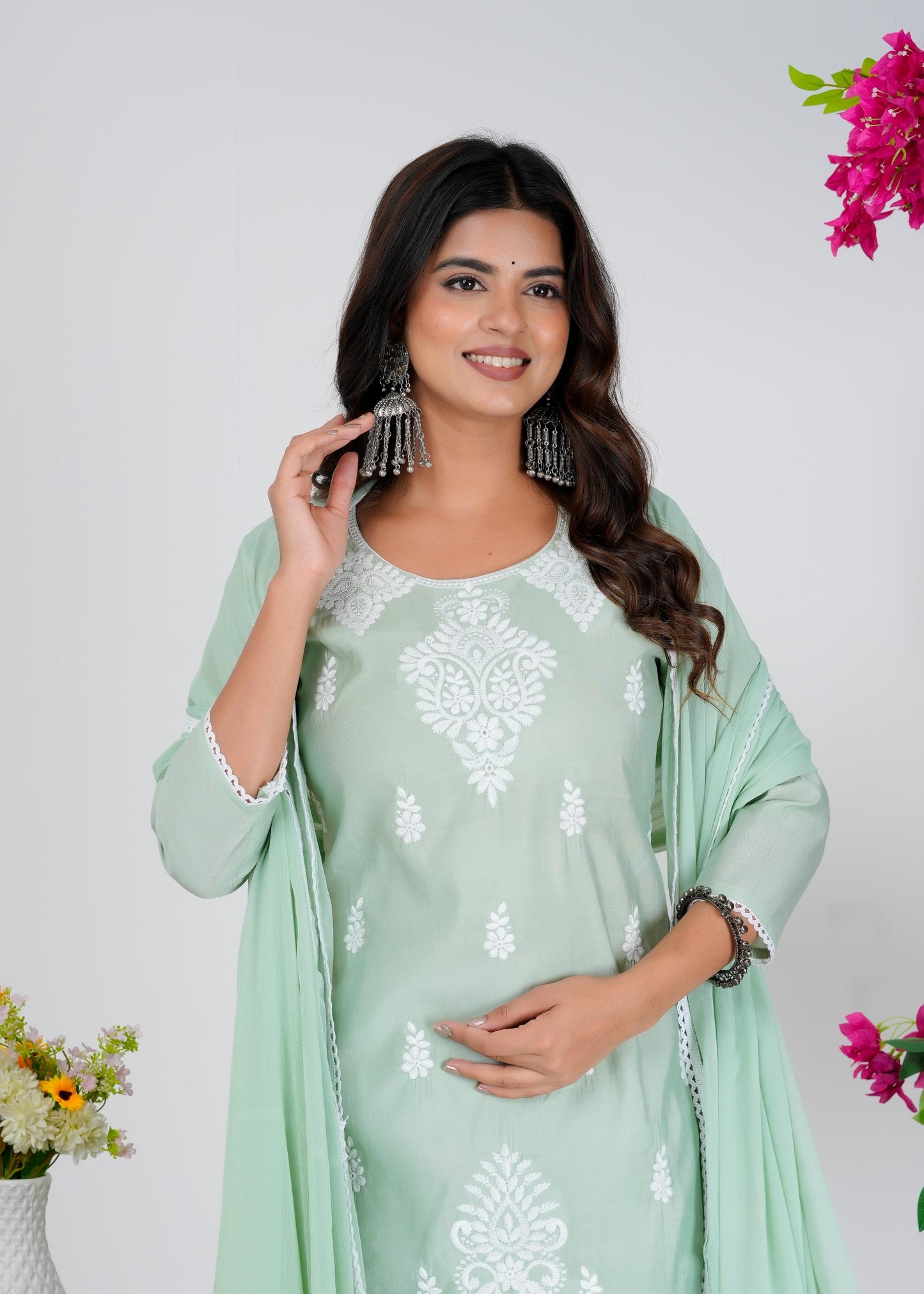 Cotton Embroidered Straight Green Kurta Set With Dupatta
