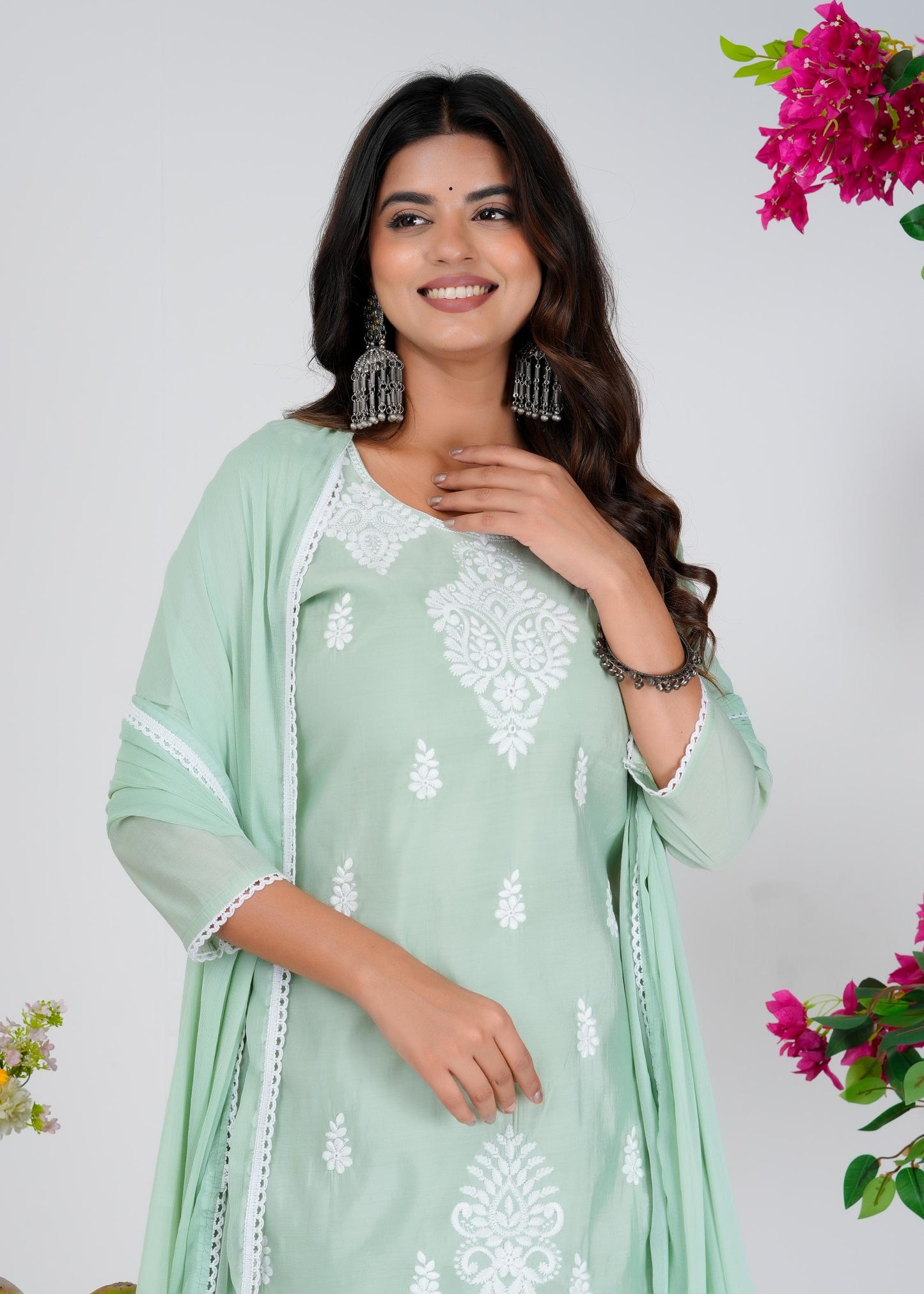 Cotton Embroidered Straight Green Kurta Set With Dupatta