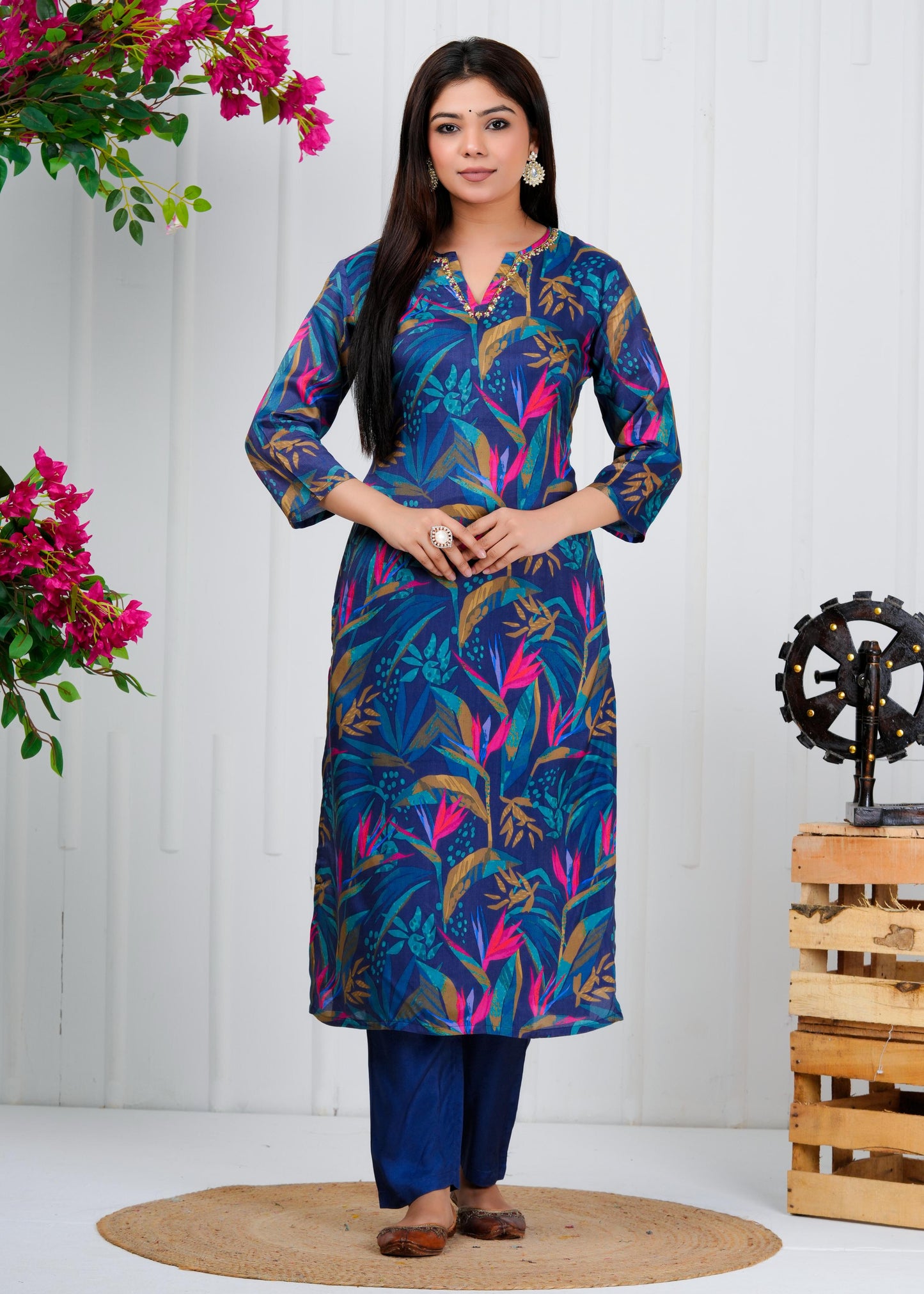 Cotton Floral Printed Straight Kurta Set With Dupatta