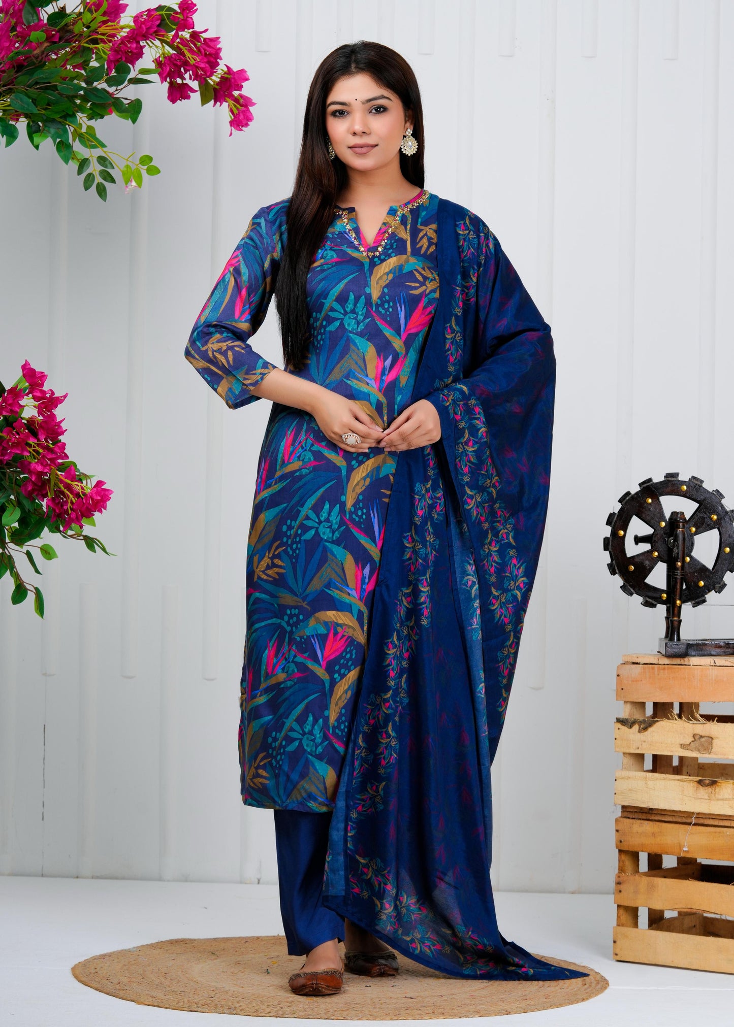 Cotton Floral Printed Straight Kurta Set With Dupatta