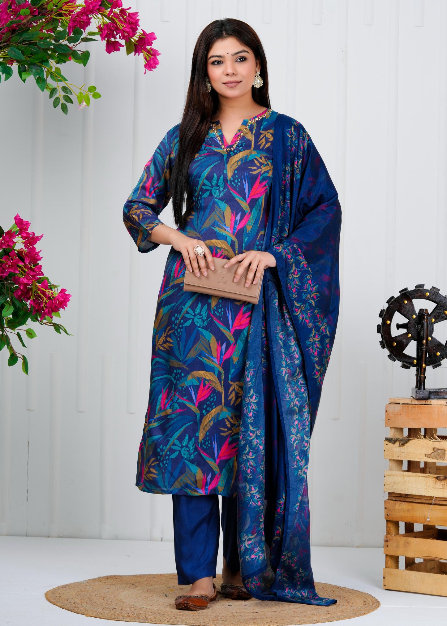 Cotton Floral Printed Straight Kurta Set With Dupatta