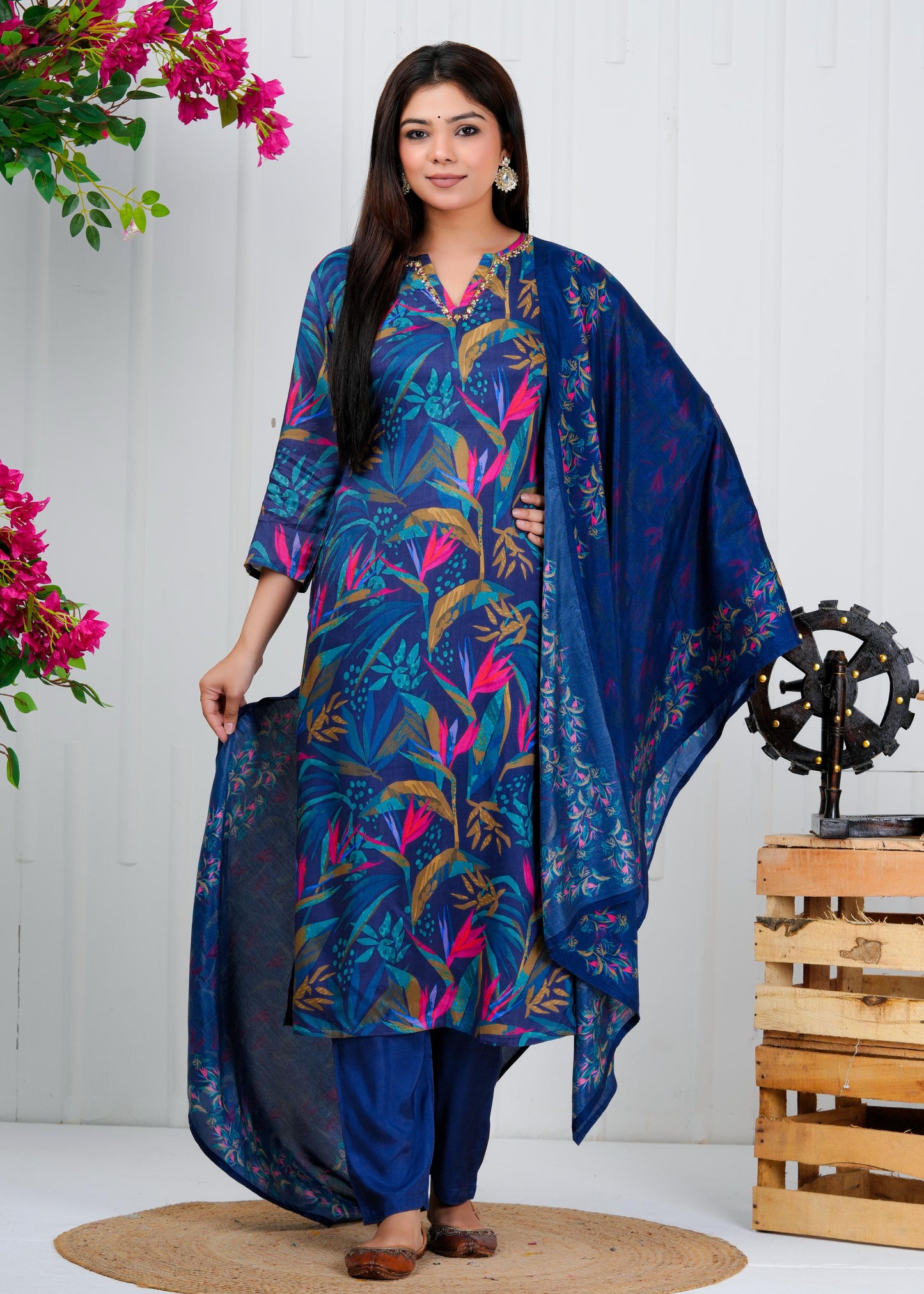 Cotton Floral Printed Straight Kurta Set With Dupatta