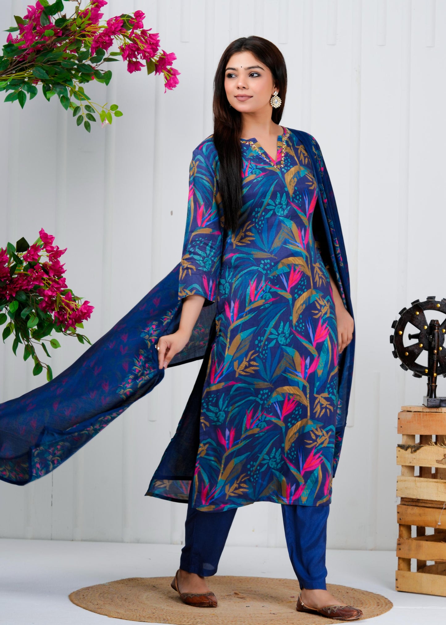 Cotton Floral Printed Straight Kurta Set With Dupatta