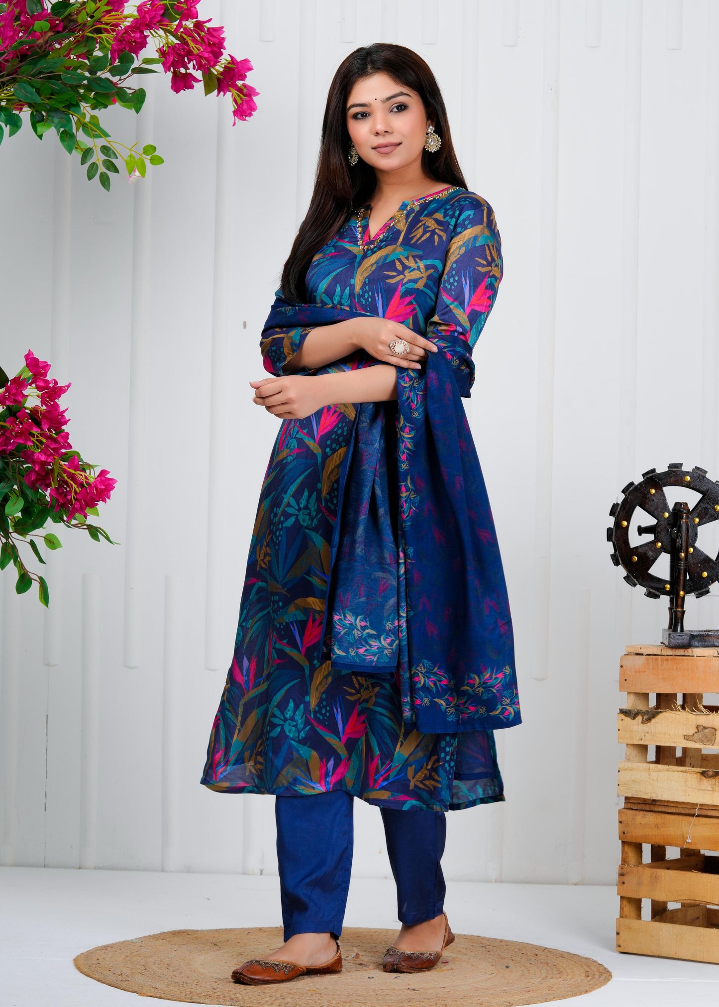 Cotton Floral Printed Straight Kurta Set With Dupatta