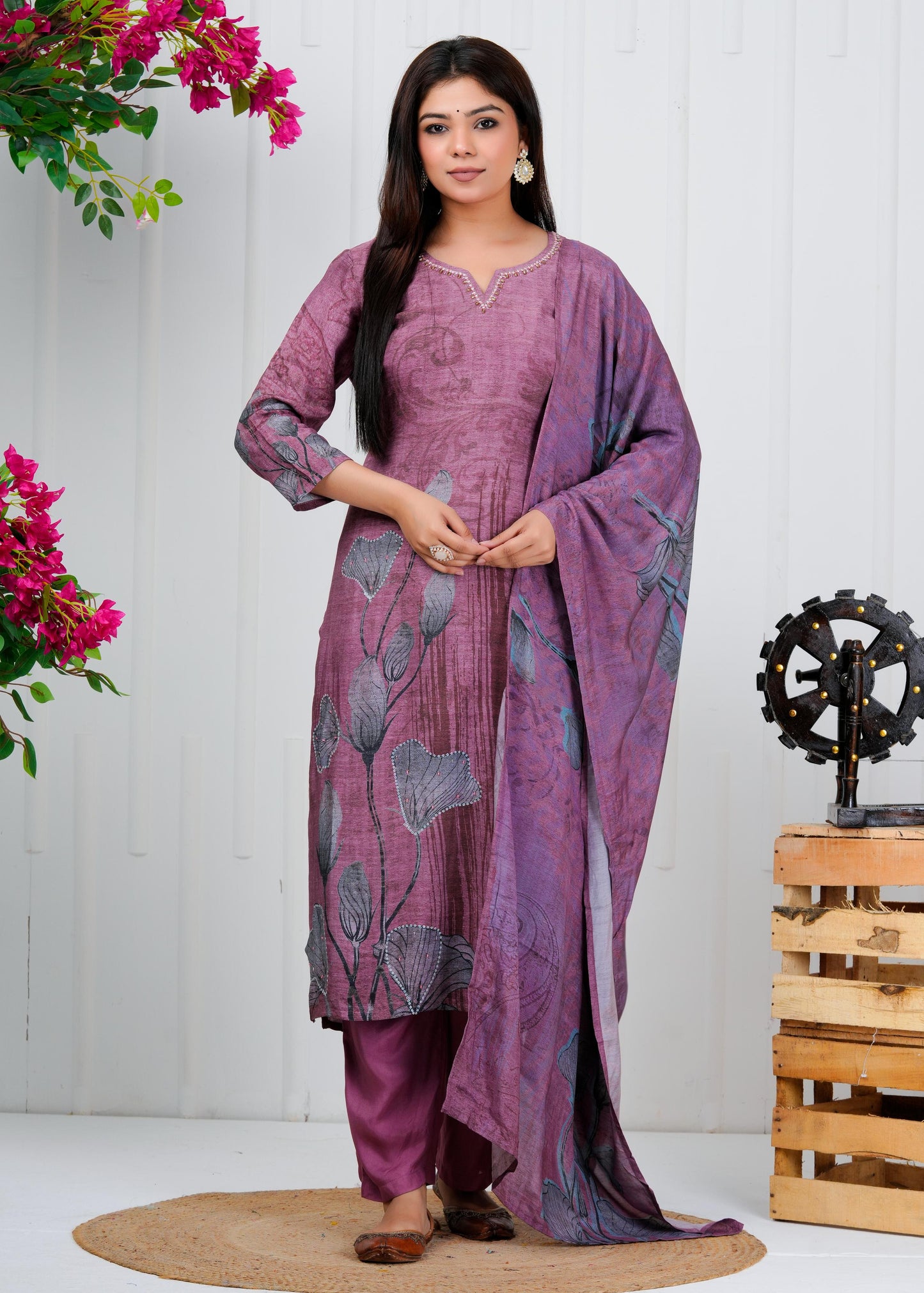 Cotton Floral Printed Straight Kurta Set With Dupatta