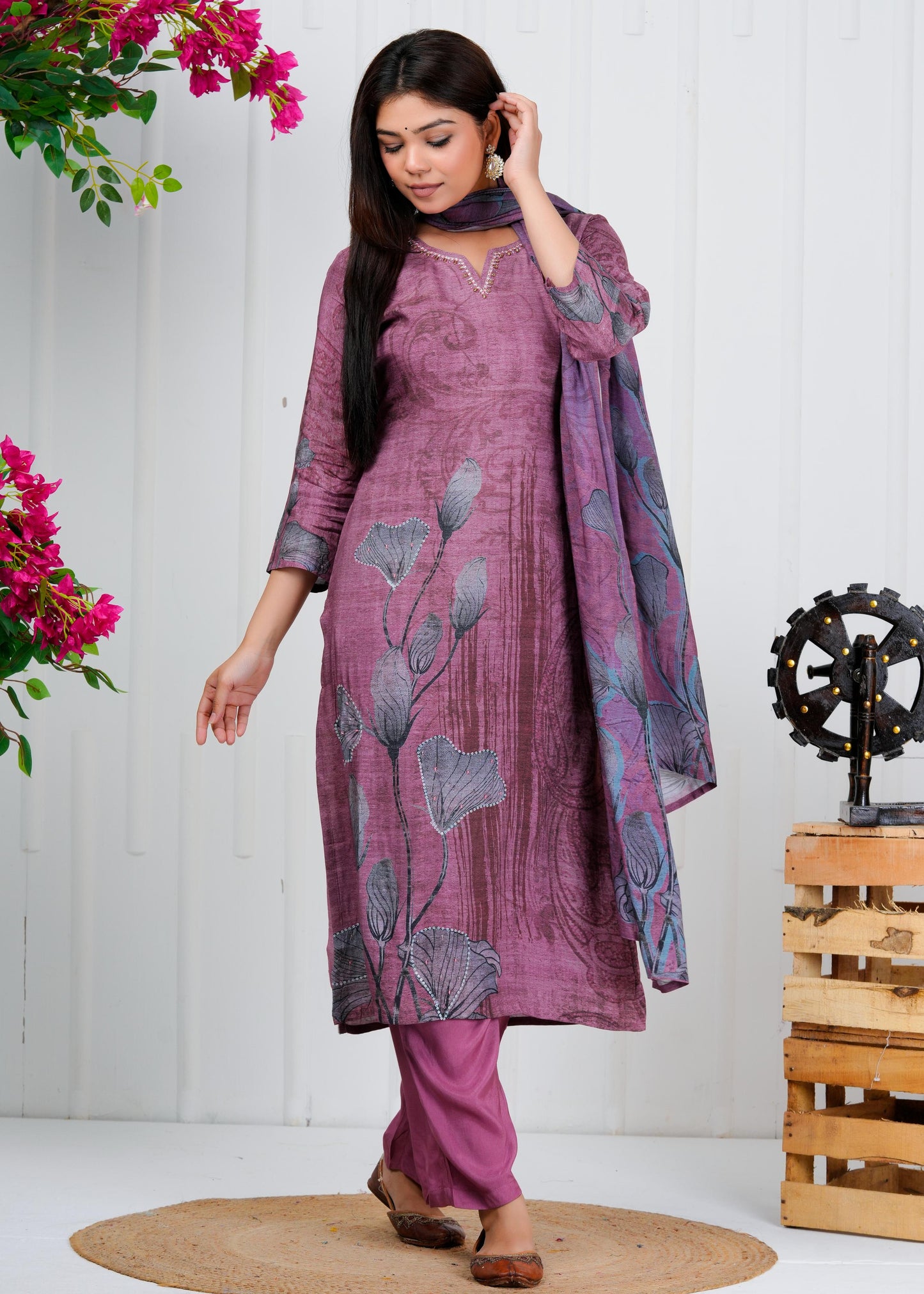 Cotton Floral Printed Straight Kurta Set With Dupatta