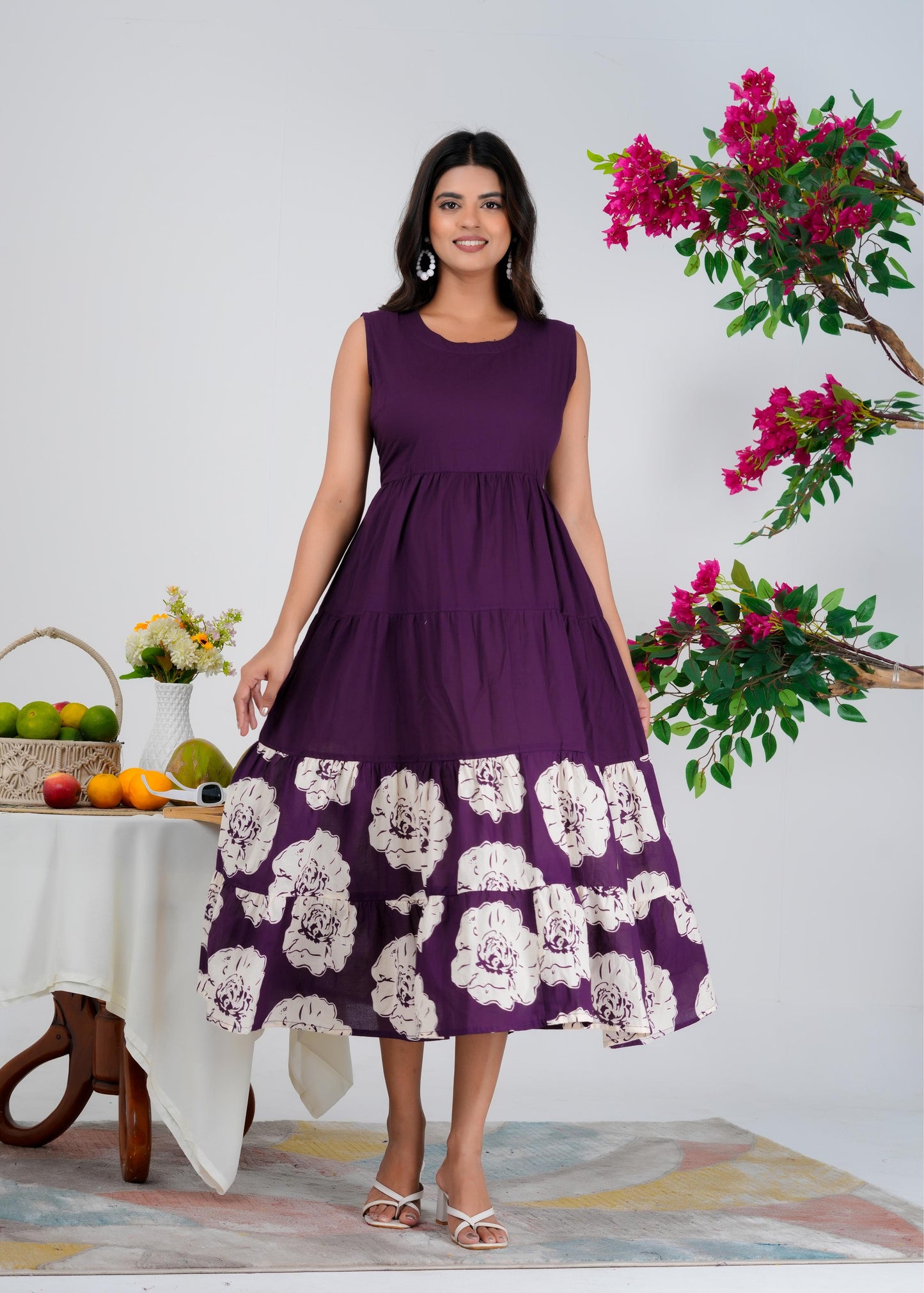 Floral Printed Regular Sleeves Cotton Purple Dresses With Jacket