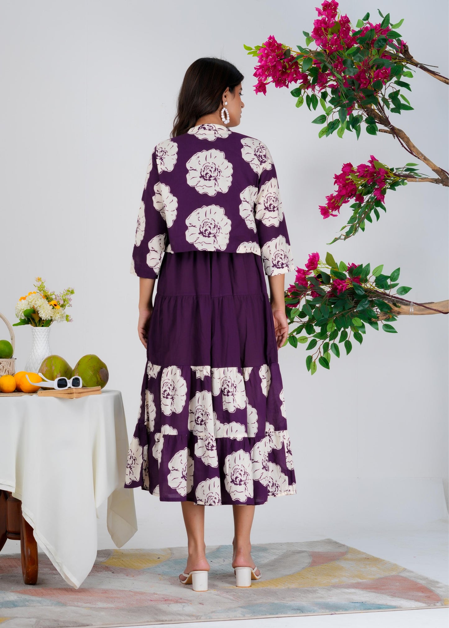 Floral Printed Regular Sleeves Cotton Purple Dresses With Jacket