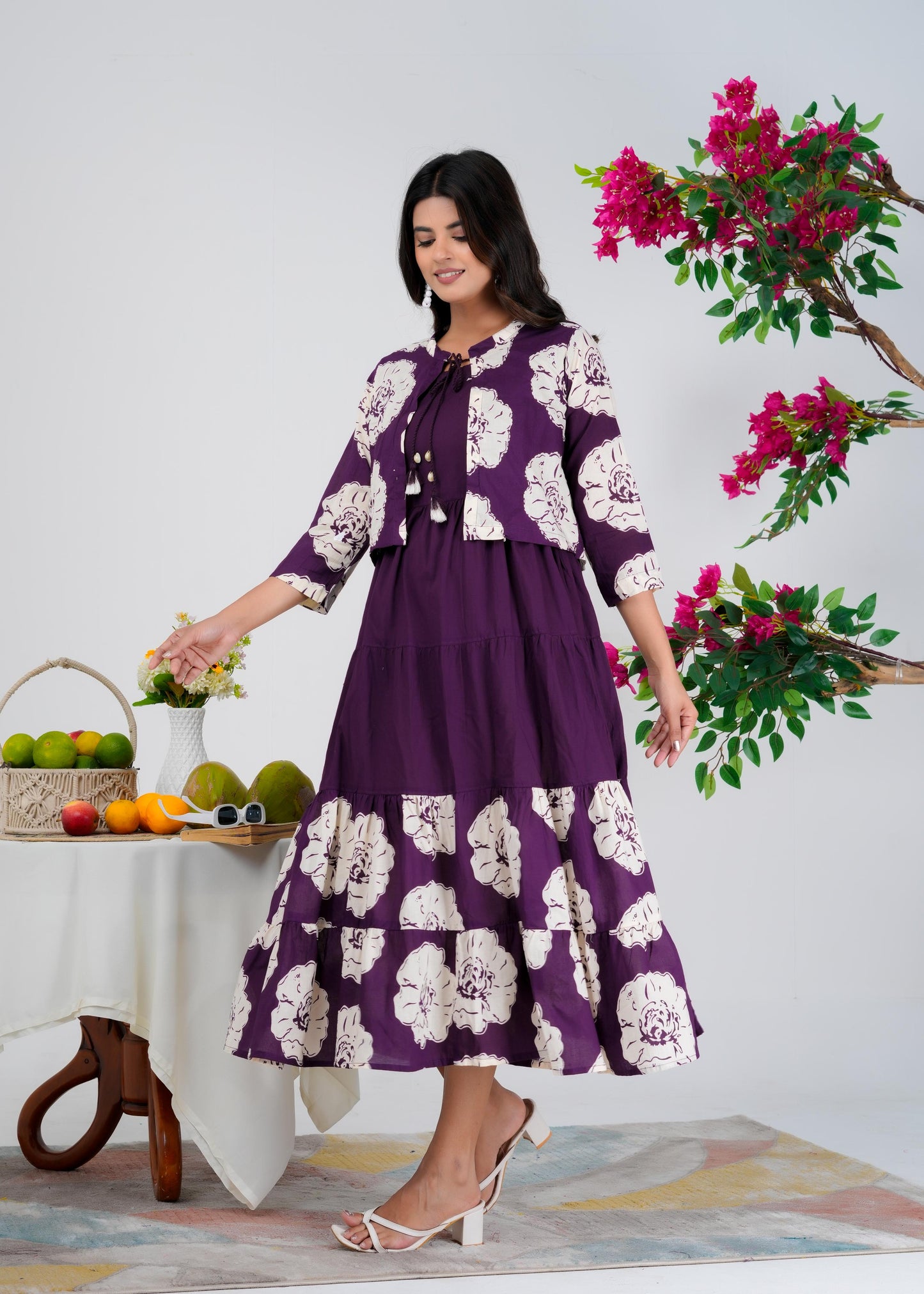 Floral Printed Regular Sleeves Cotton Purple Dresses With Jacket