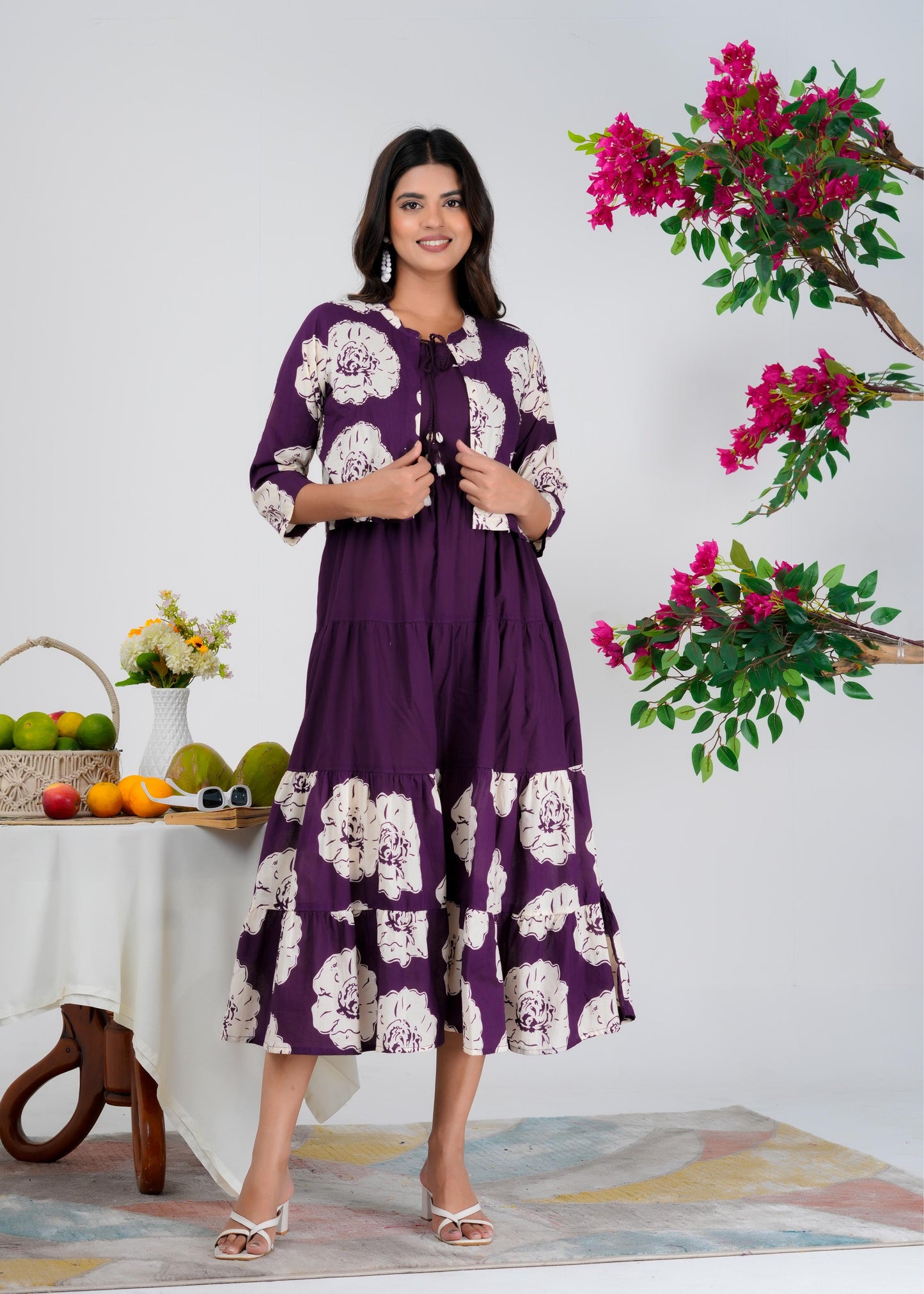 Floral Printed Regular Sleeves Cotton Purple Dresses With Jacket