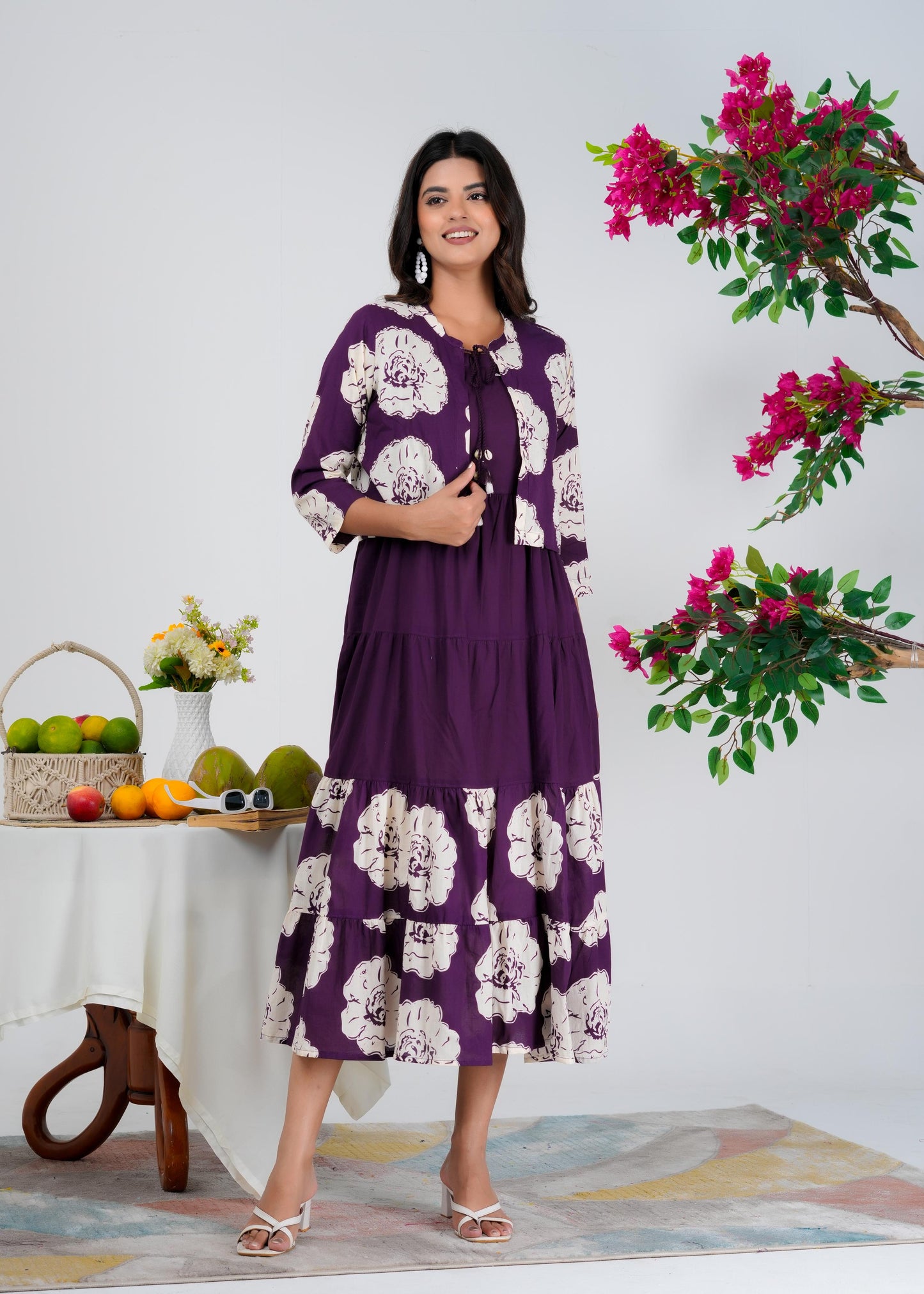 Floral Printed Regular Sleeves Cotton Purple Dresses With Jacket