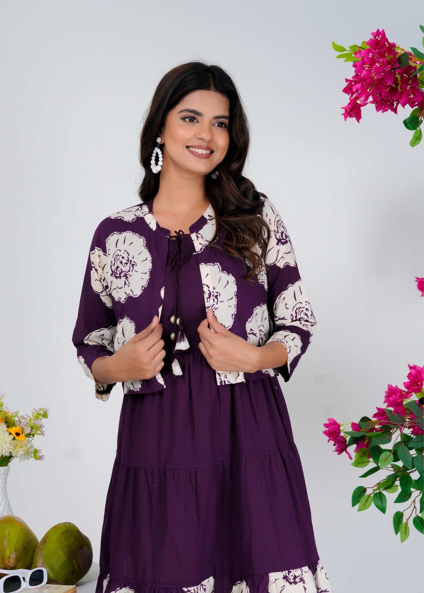 Floral Printed Regular Sleeves Cotton Purple Dresses With Jacket