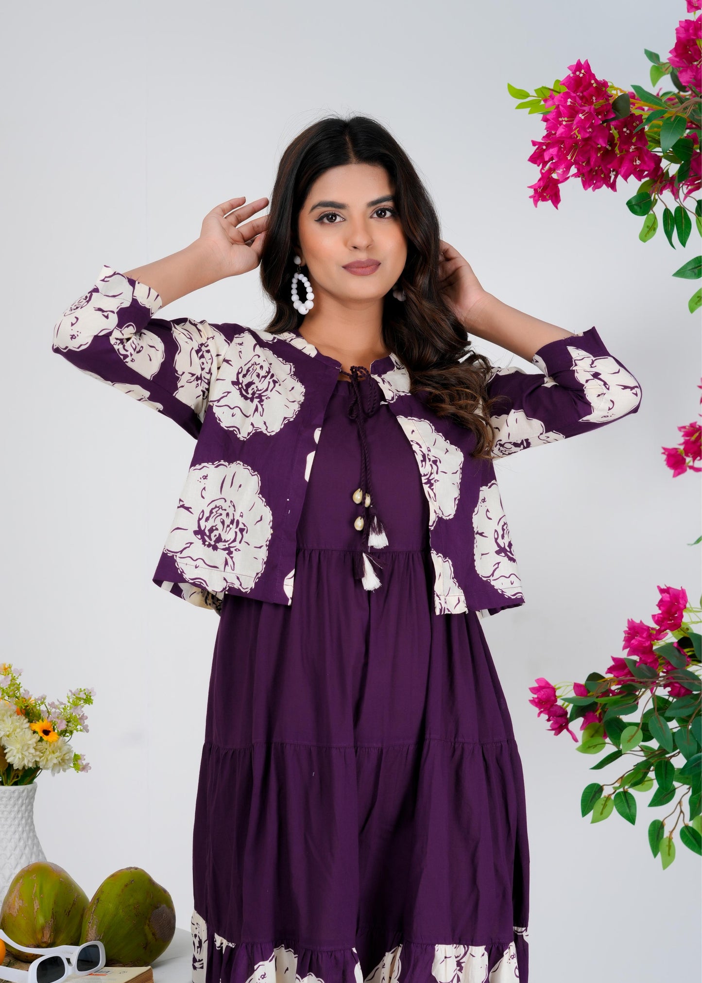 Floral Printed Regular Sleeves Cotton Purple Dresses With Jacket