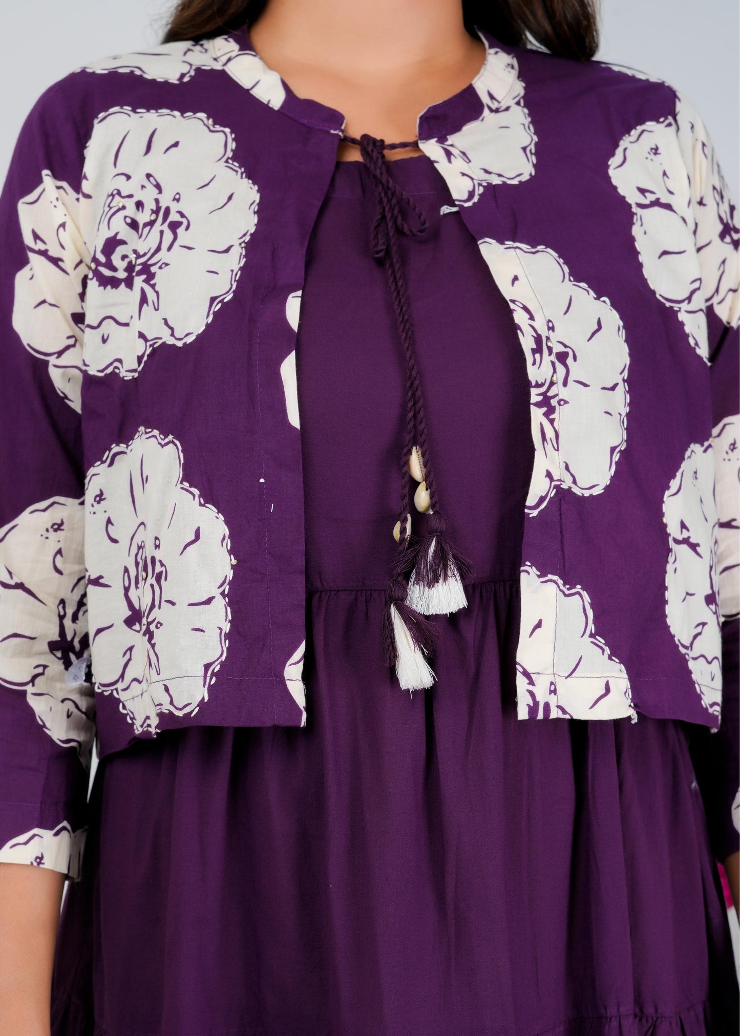Floral Printed Regular Sleeves Cotton Purple Dresses With Jacket