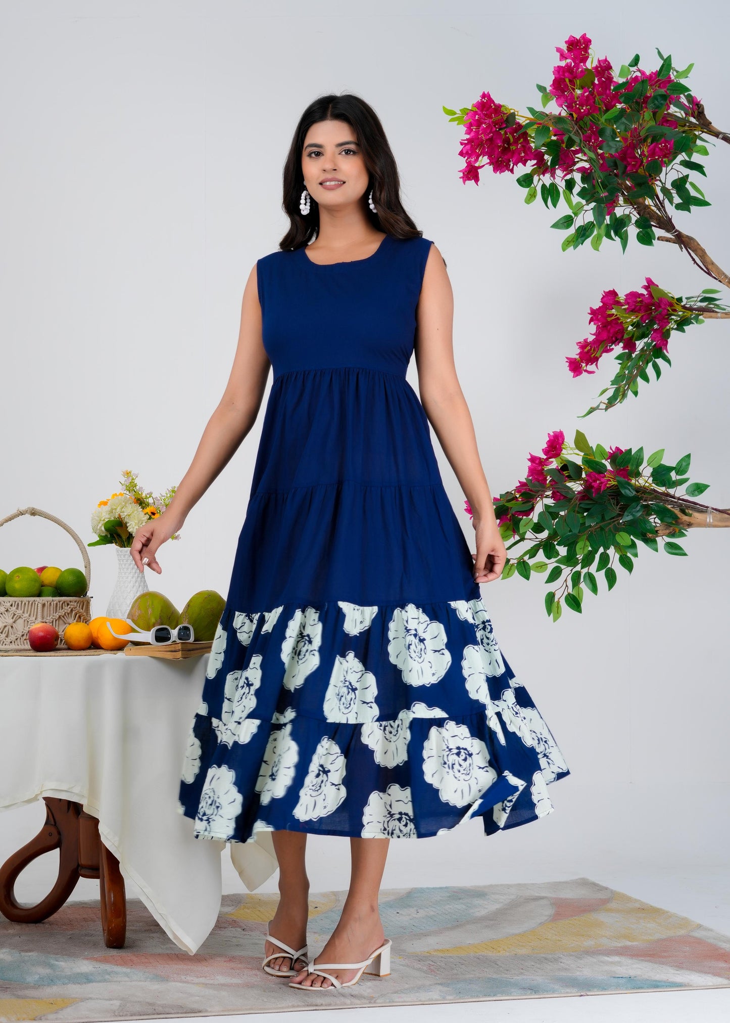 Floral Printed Regular Sleeves Cotton Blue Dresses With Jacket