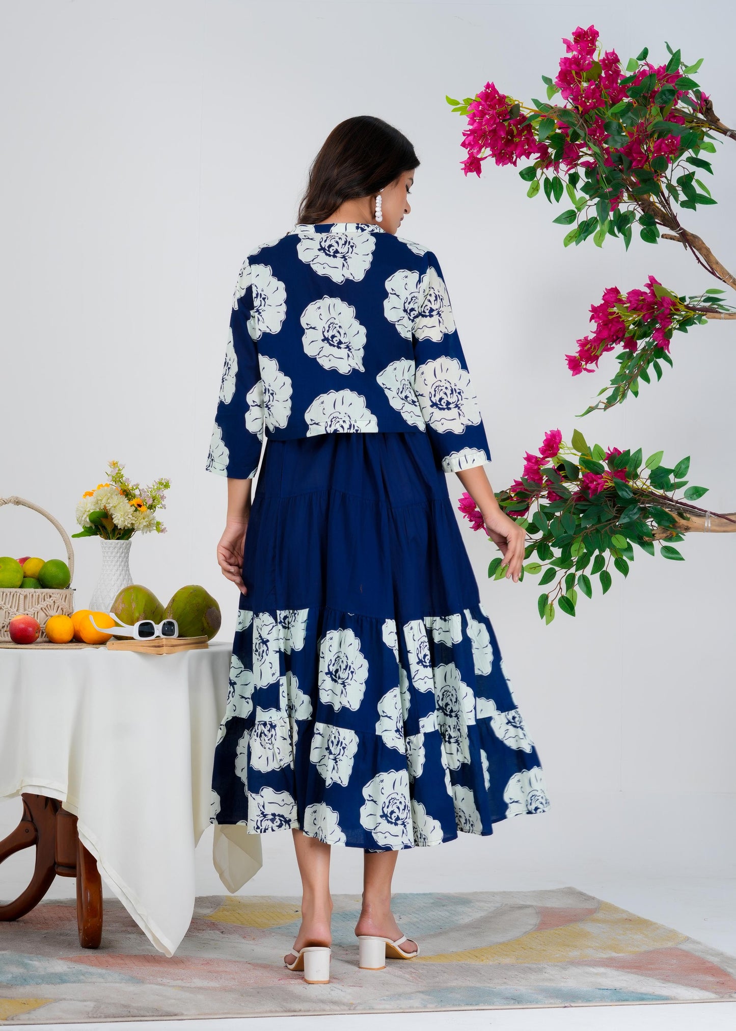 Floral Printed Regular Sleeves Cotton Blue Dresses With Jacket