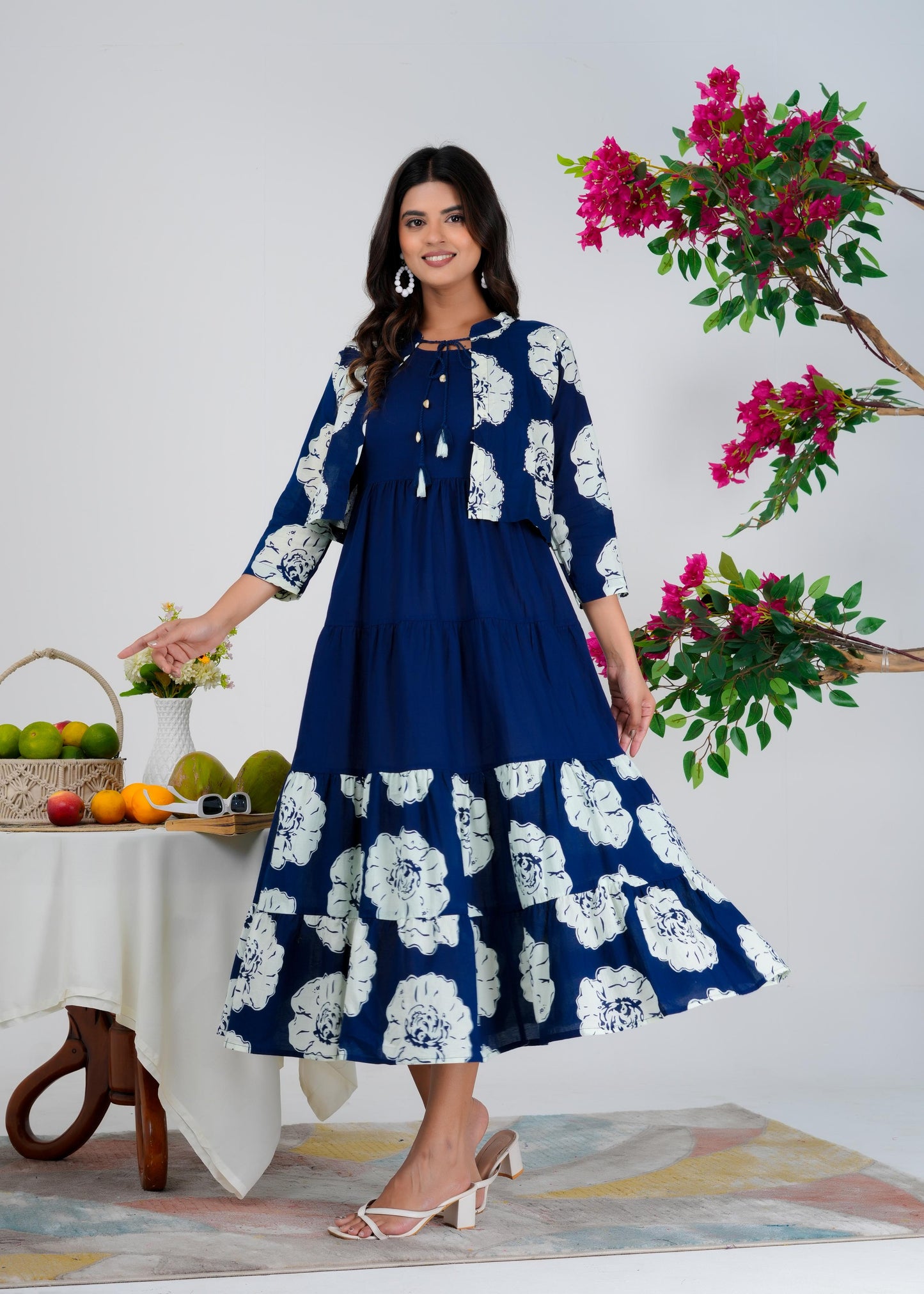 Floral Printed Regular Sleeves Cotton Blue Dresses With Jacket