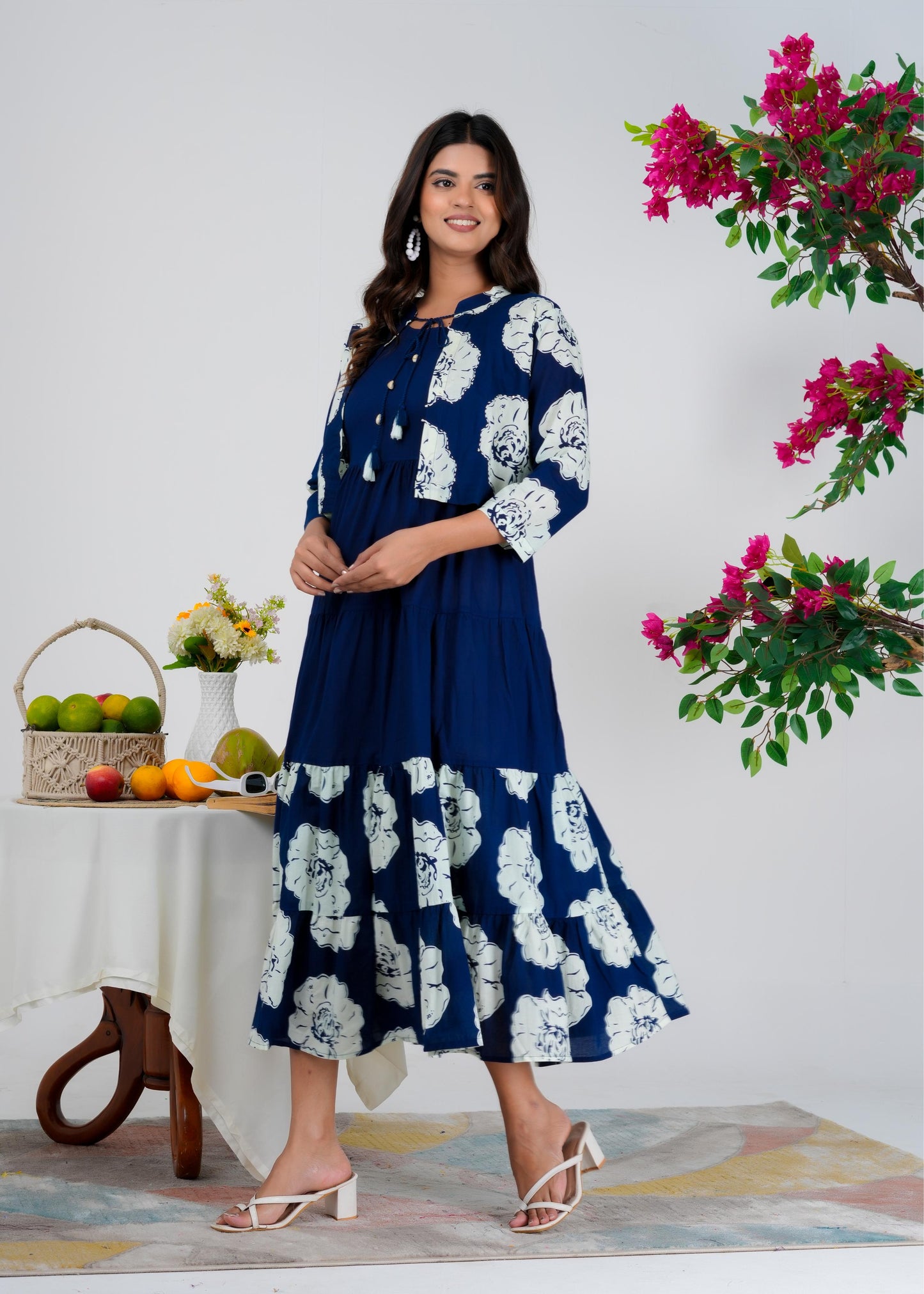 Floral Printed Regular Sleeves Cotton Blue Dresses With Jacket