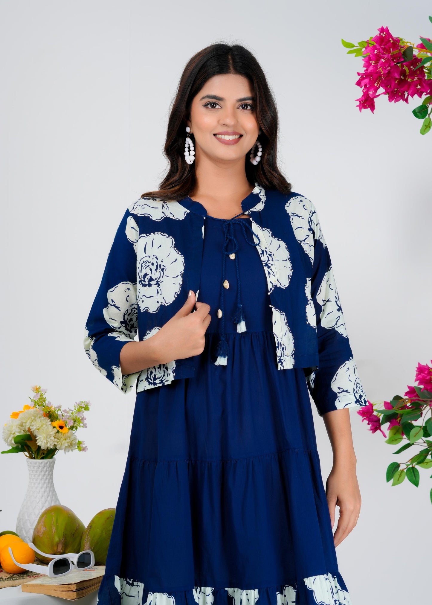 Floral Printed Regular Sleeves Cotton Blue Dresses With Jacket