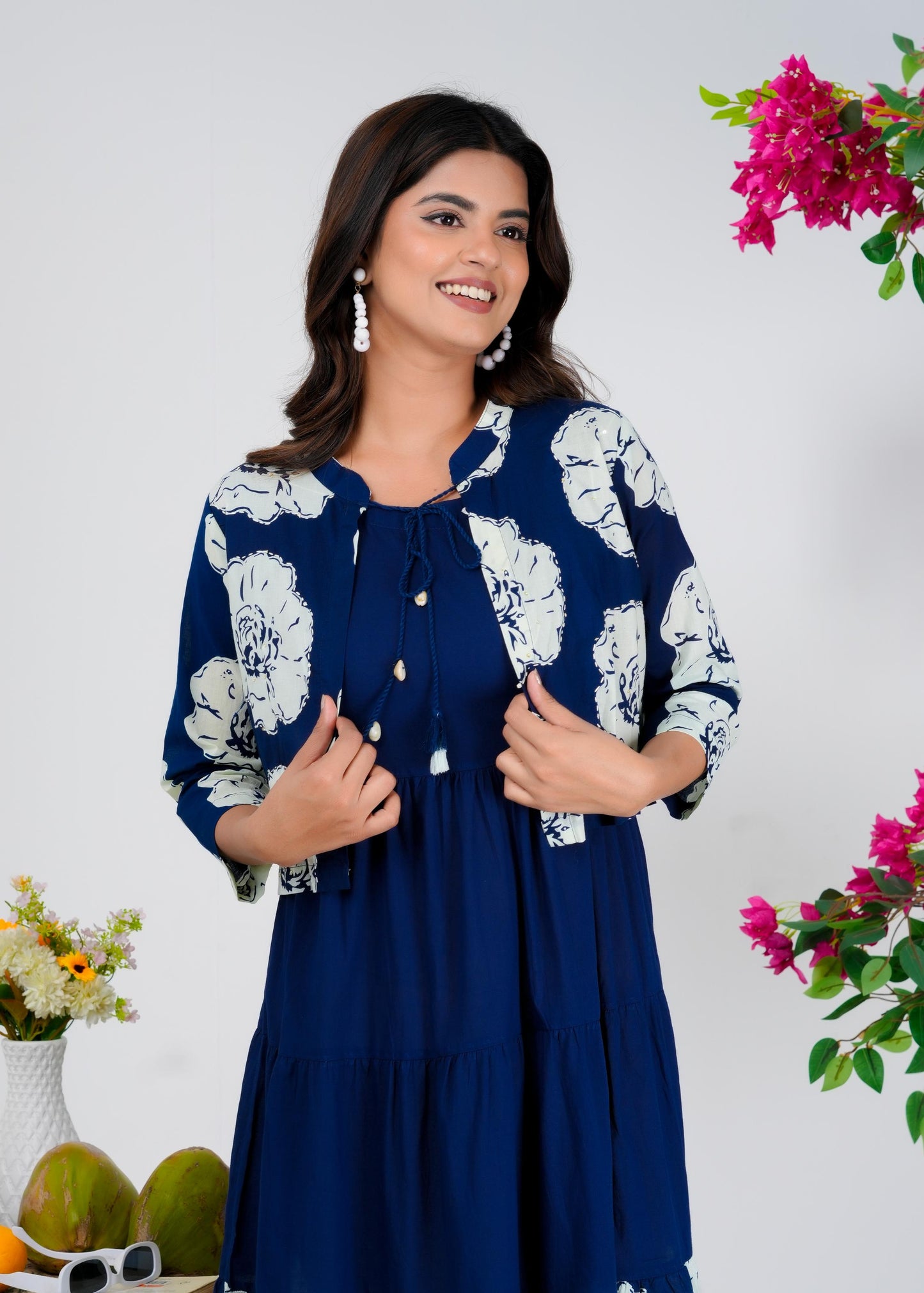 Floral Printed Regular Sleeves Cotton Blue Dresses With Jacket