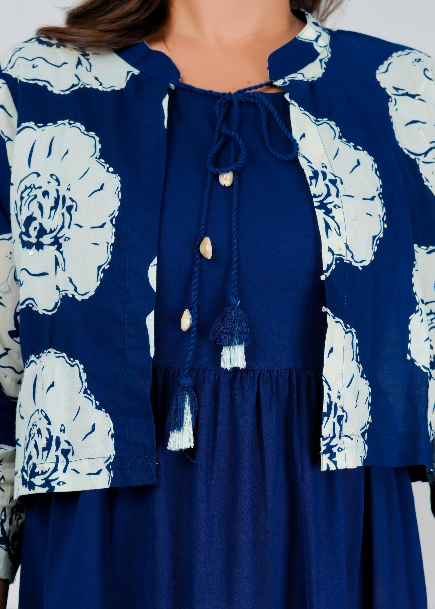 Floral Printed Regular Sleeves Cotton Blue Dresses With Jacket