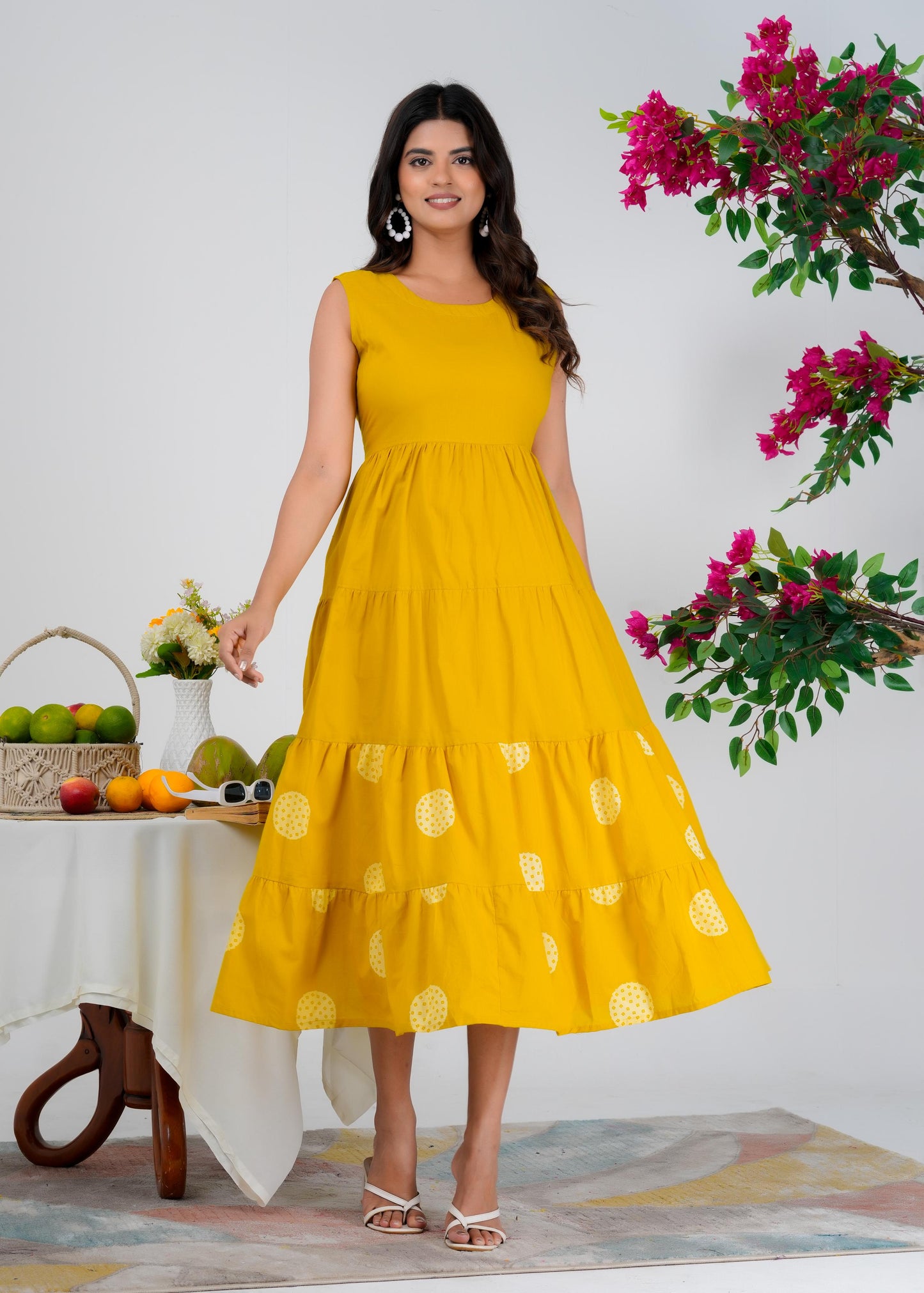 Floral Printed Regular Sleeves Cotton Yellow Dresses With Jacket