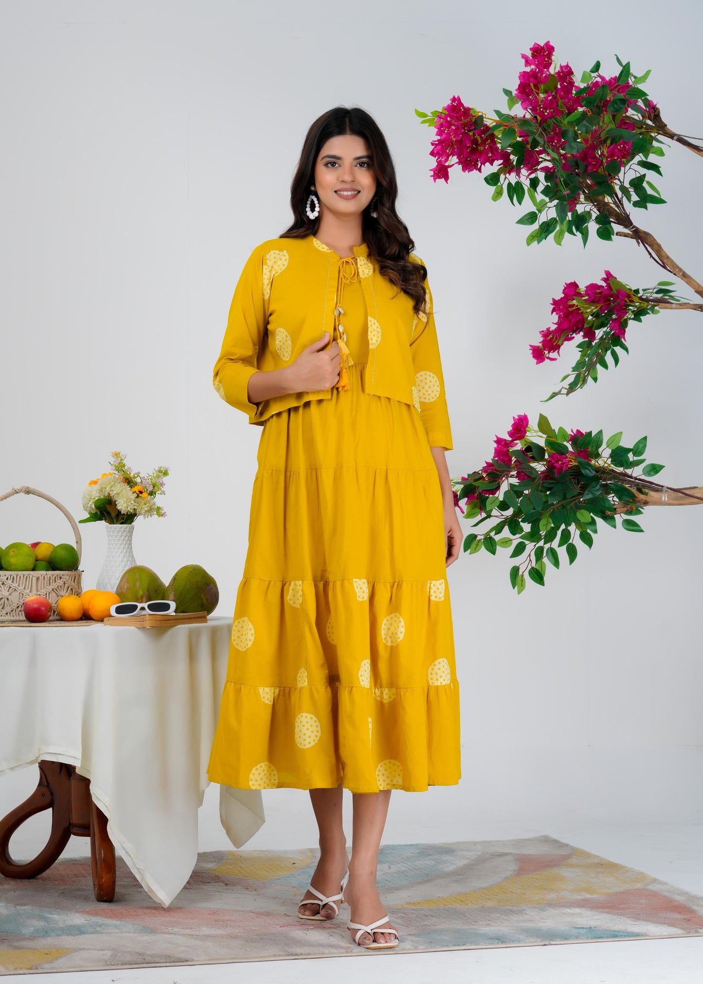 Floral Printed Regular Sleeves Cotton Yellow Dresses With Jacket