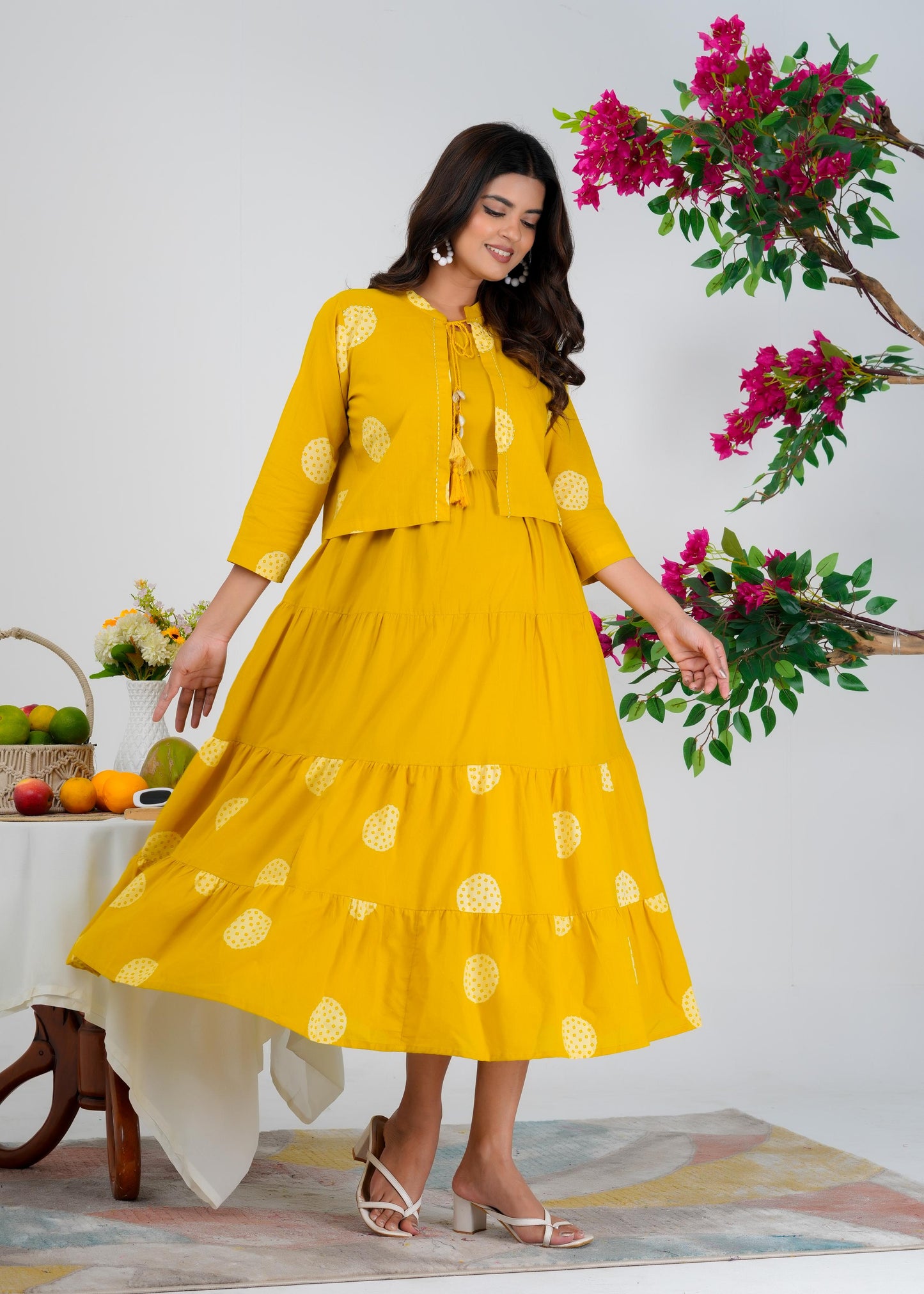 Floral Printed Regular Sleeves Cotton Yellow Dresses With Jacket