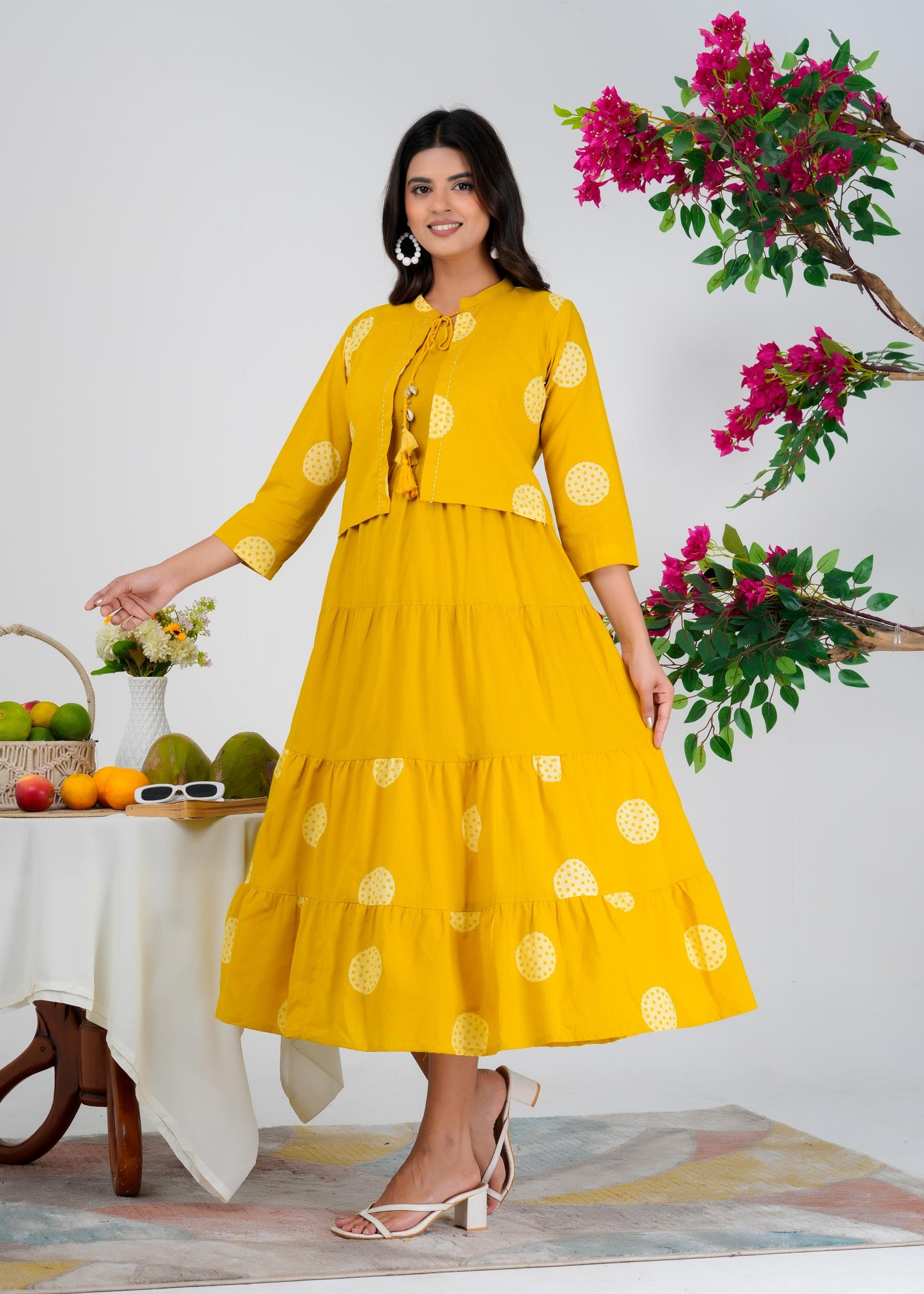 Floral Printed Regular Sleeves Cotton Yellow Dresses With Jacket
