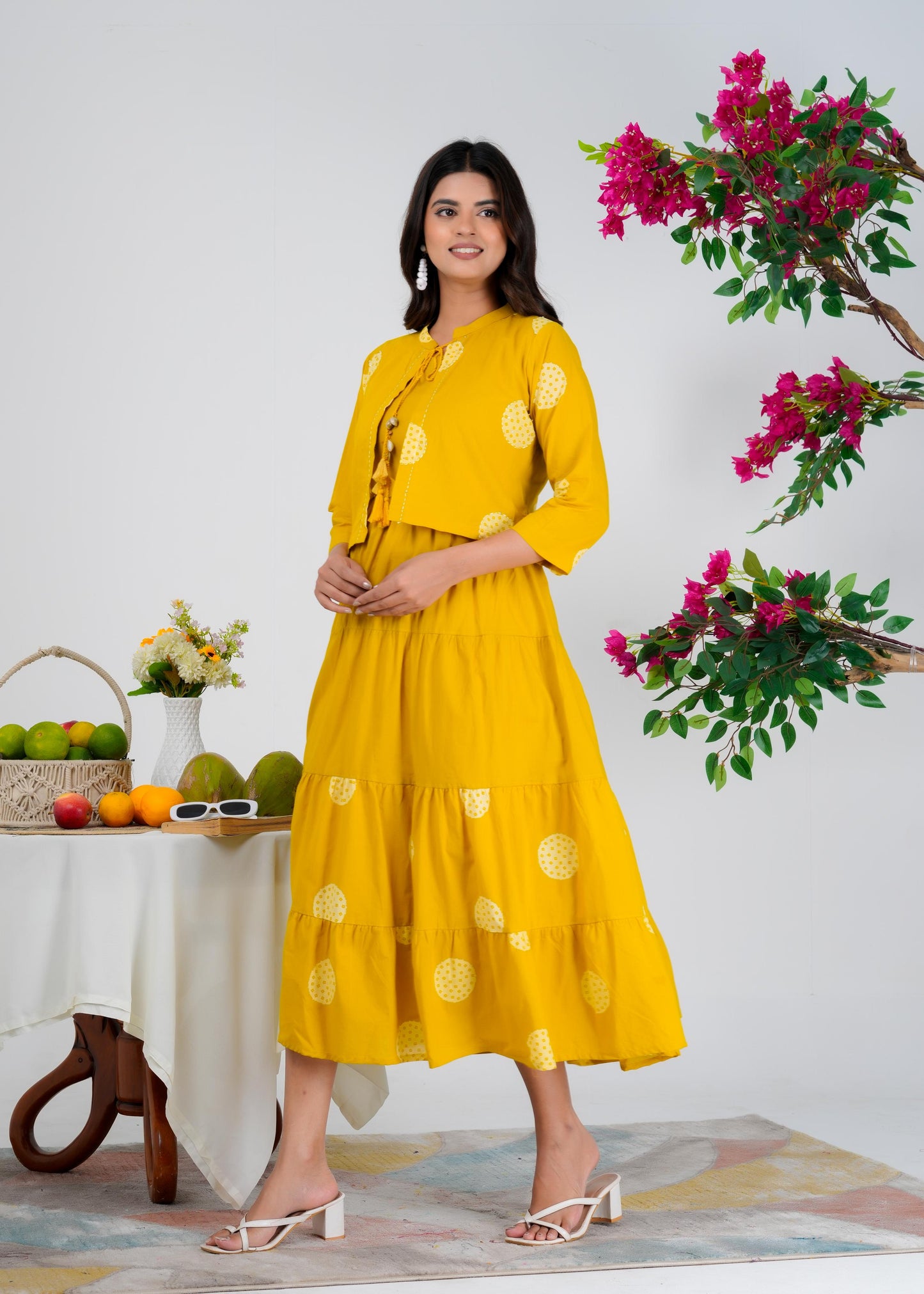Floral Printed Regular Sleeves Cotton Yellow Dresses With Jacket