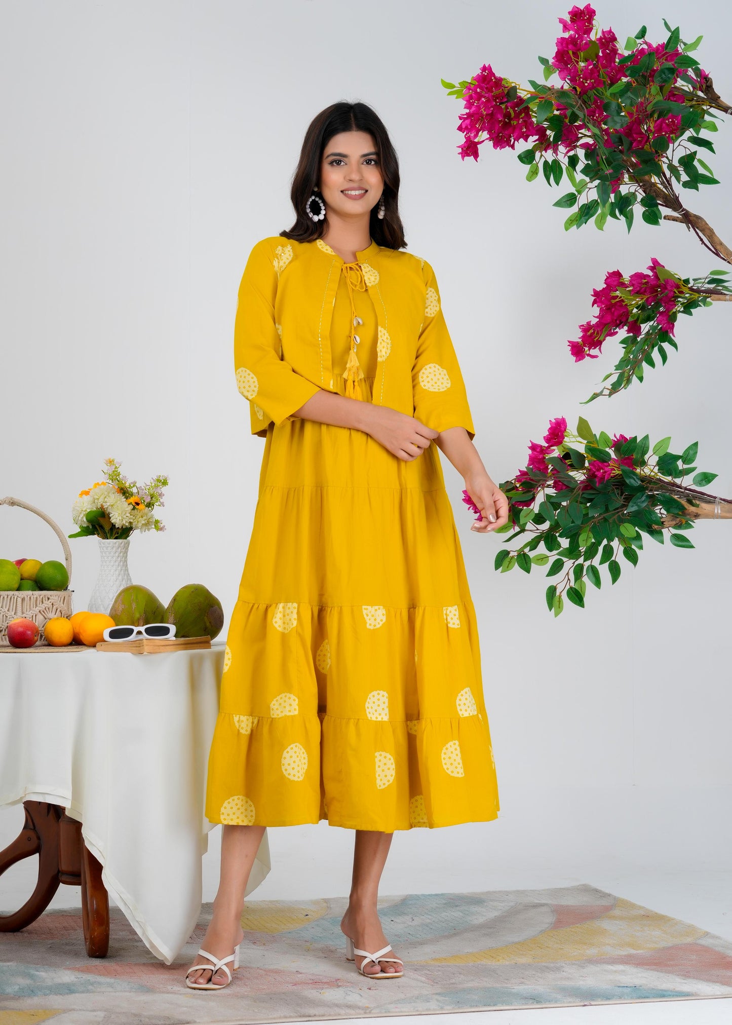 Floral Printed Regular Sleeves Cotton Yellow Dresses With Jacket