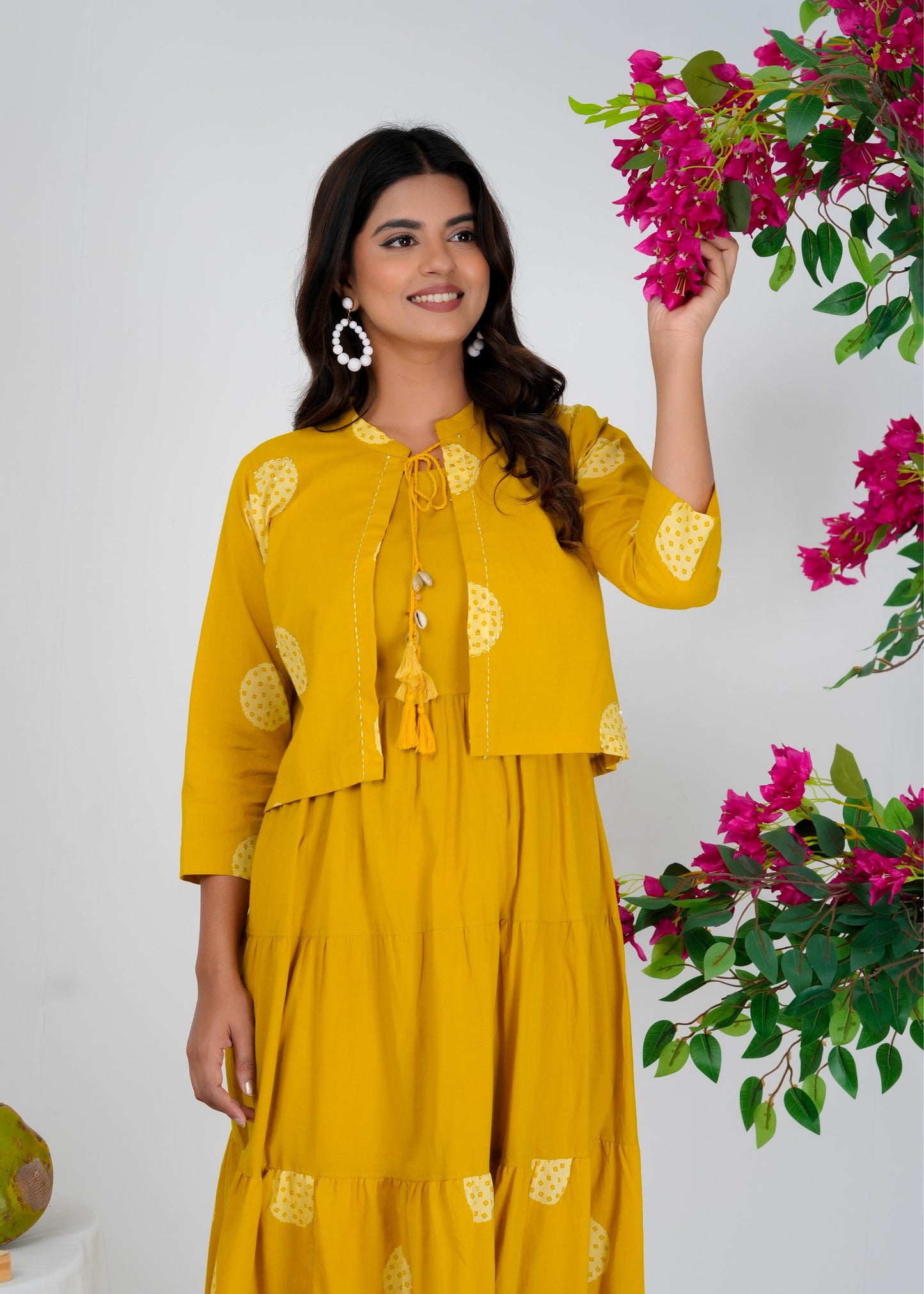 Floral Printed Regular Sleeves Cotton Yellow Dresses With Jacket