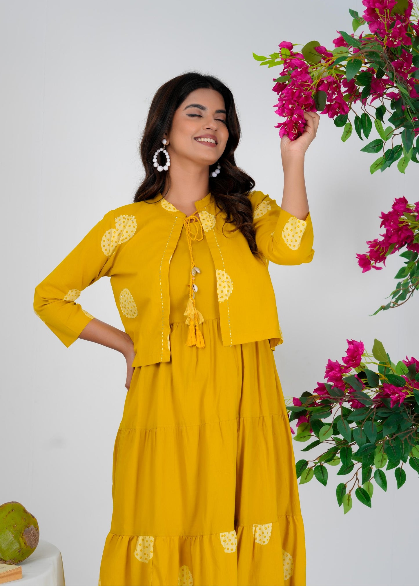 Floral Printed Regular Sleeves Cotton Yellow Dresses With Jacket