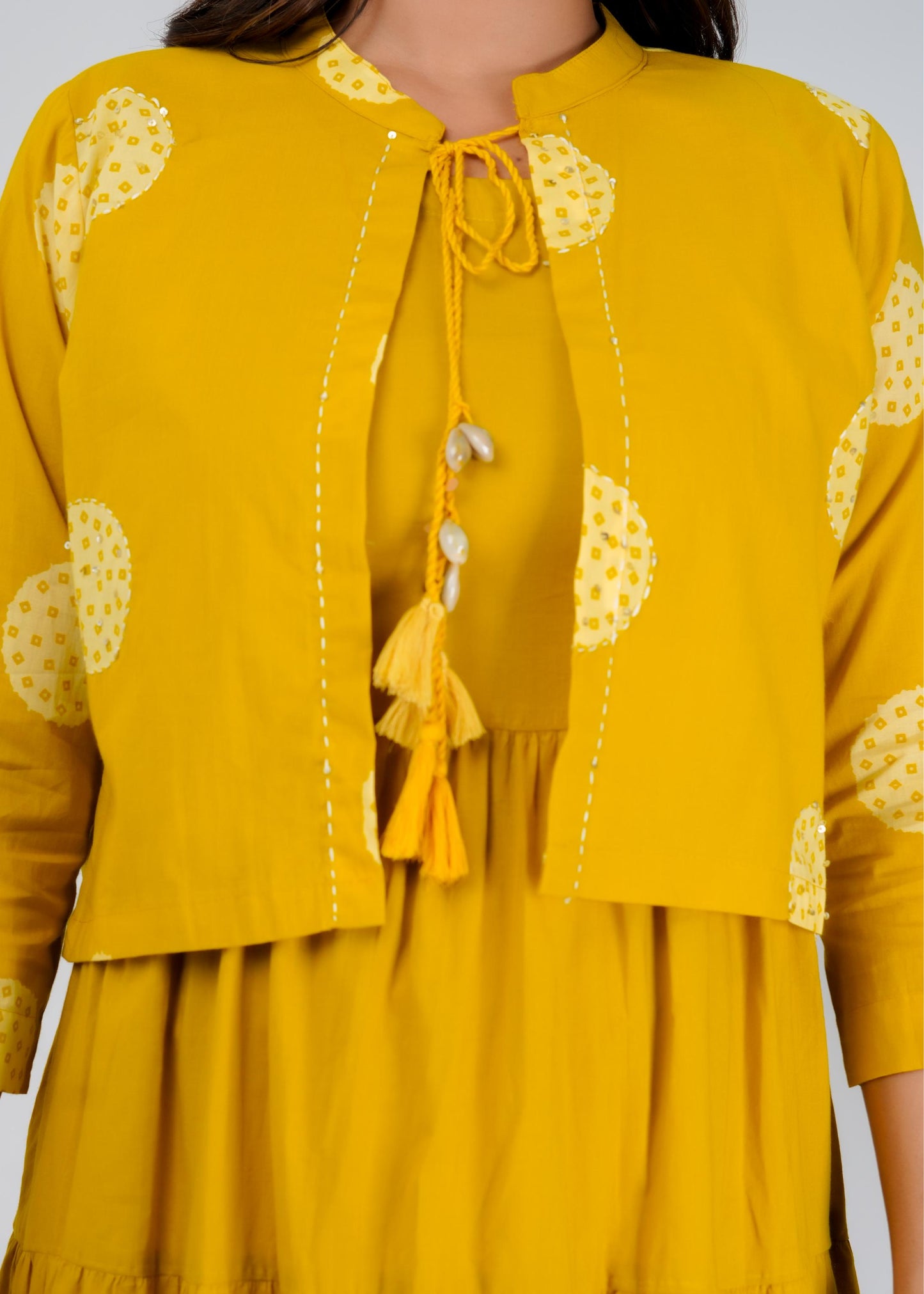 Floral Printed Regular Sleeves Cotton Yellow Dresses With Jacket